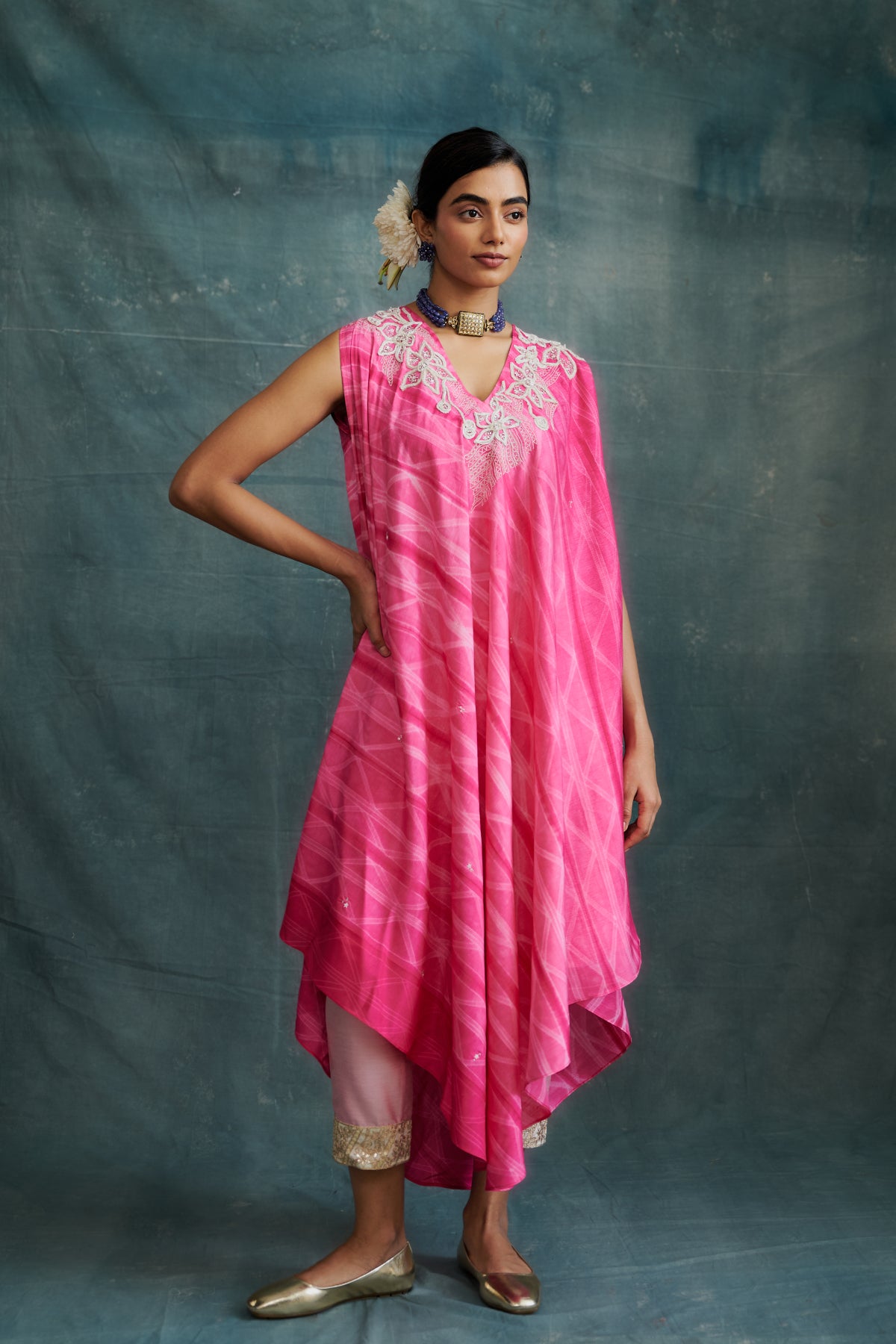 Fuchsia Pink Tussar Hand Embroidered & Tie-Dyed Draped Tunic