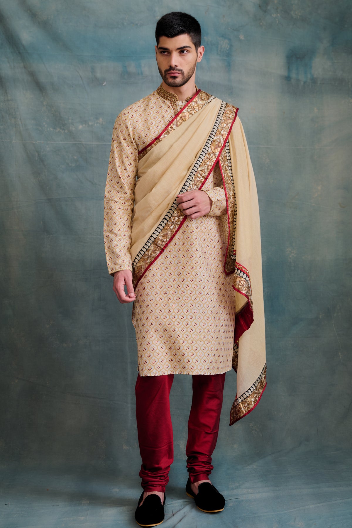 Beige Tussar Block Printed & Zardosi Embroidered Kurta Set