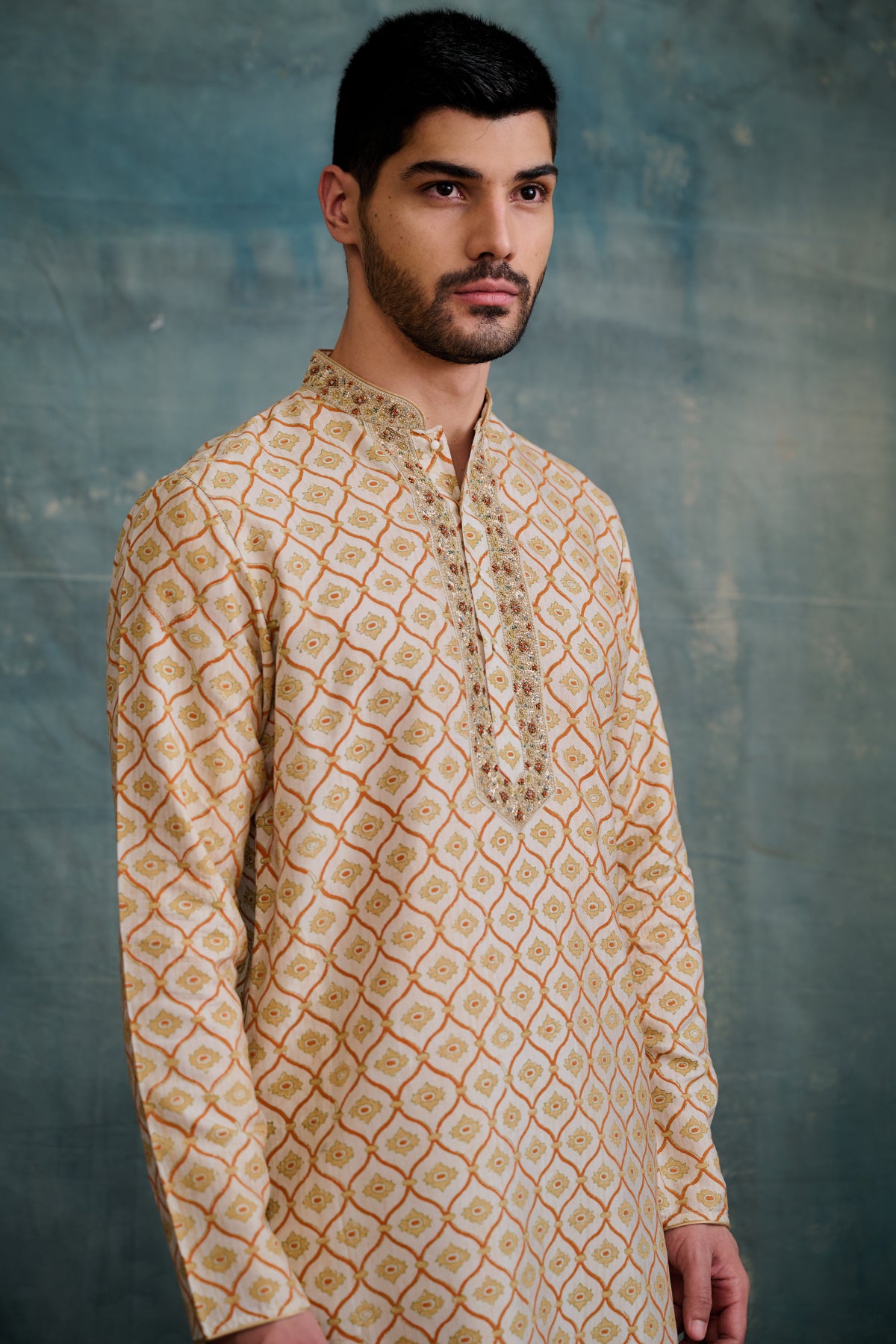 Beige Tussar Block Printed & Zardosi Embroidered Kurta Set