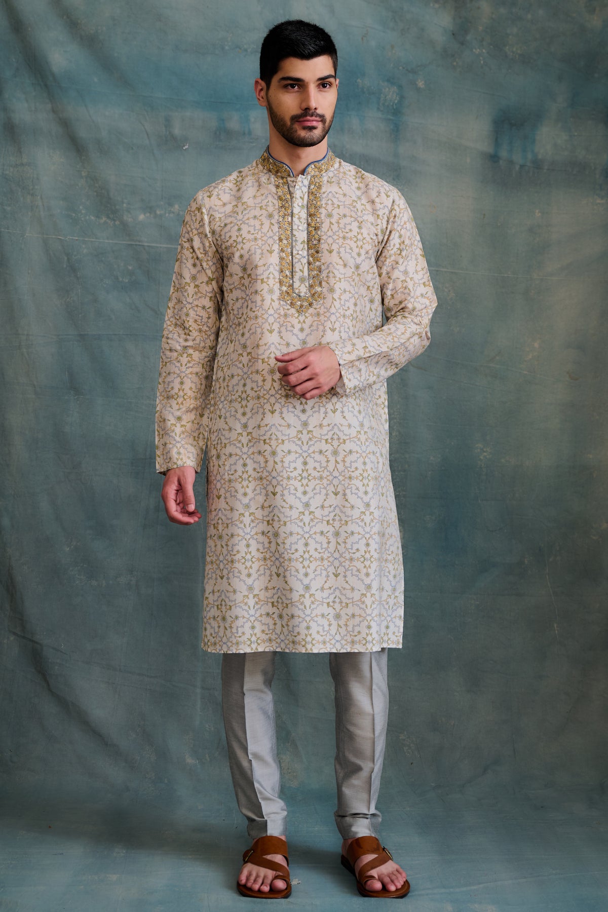 Gold Tussar Block Printed & Zardosi Embroidered Kurta Set