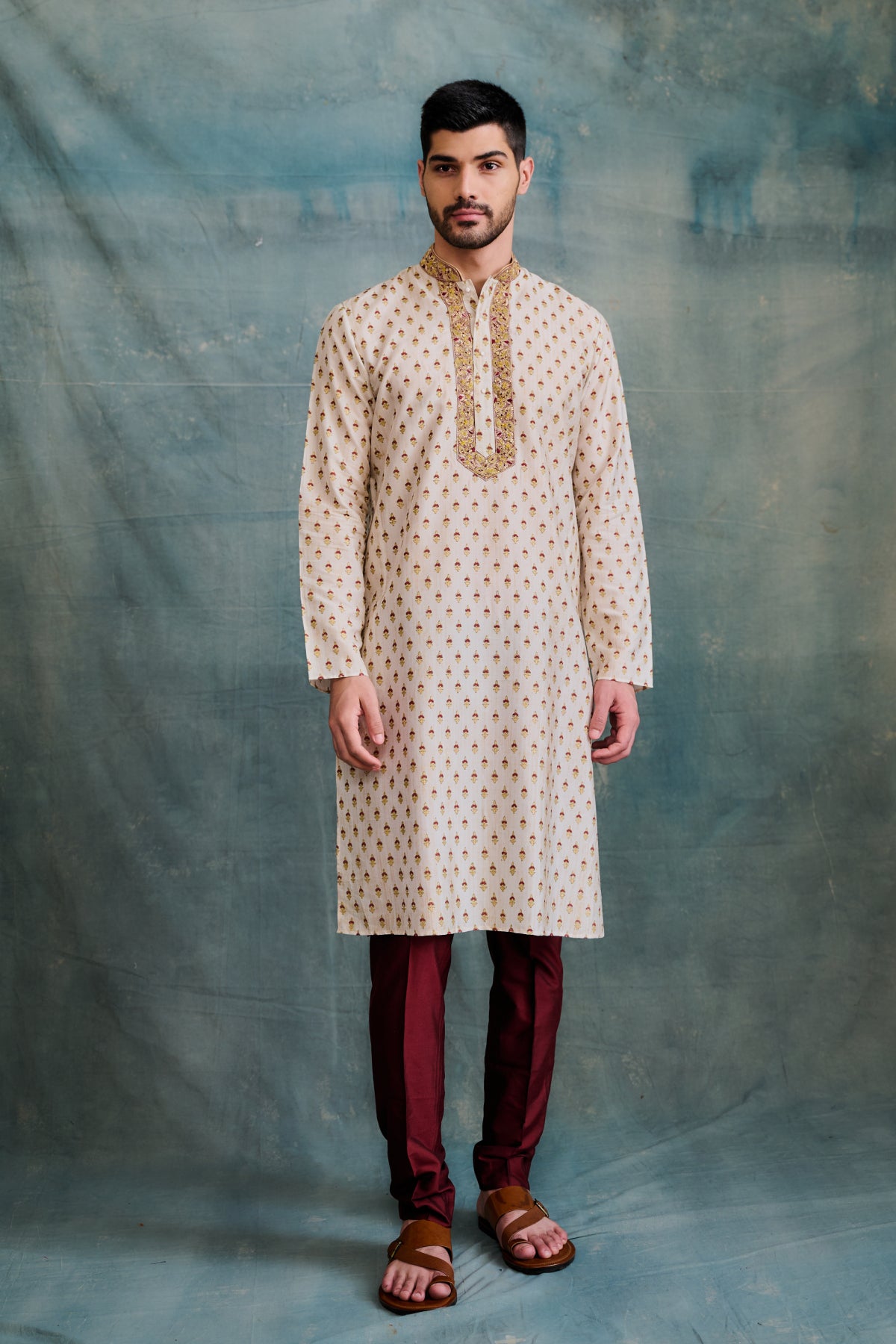 Gold Tussar Block Printed & Zardosi Embroidered Kurta Set