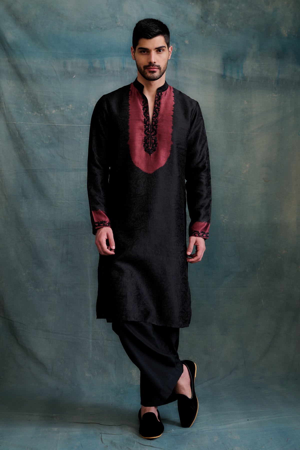 Black Tussar Resham Hand Embroidered Kurta Set