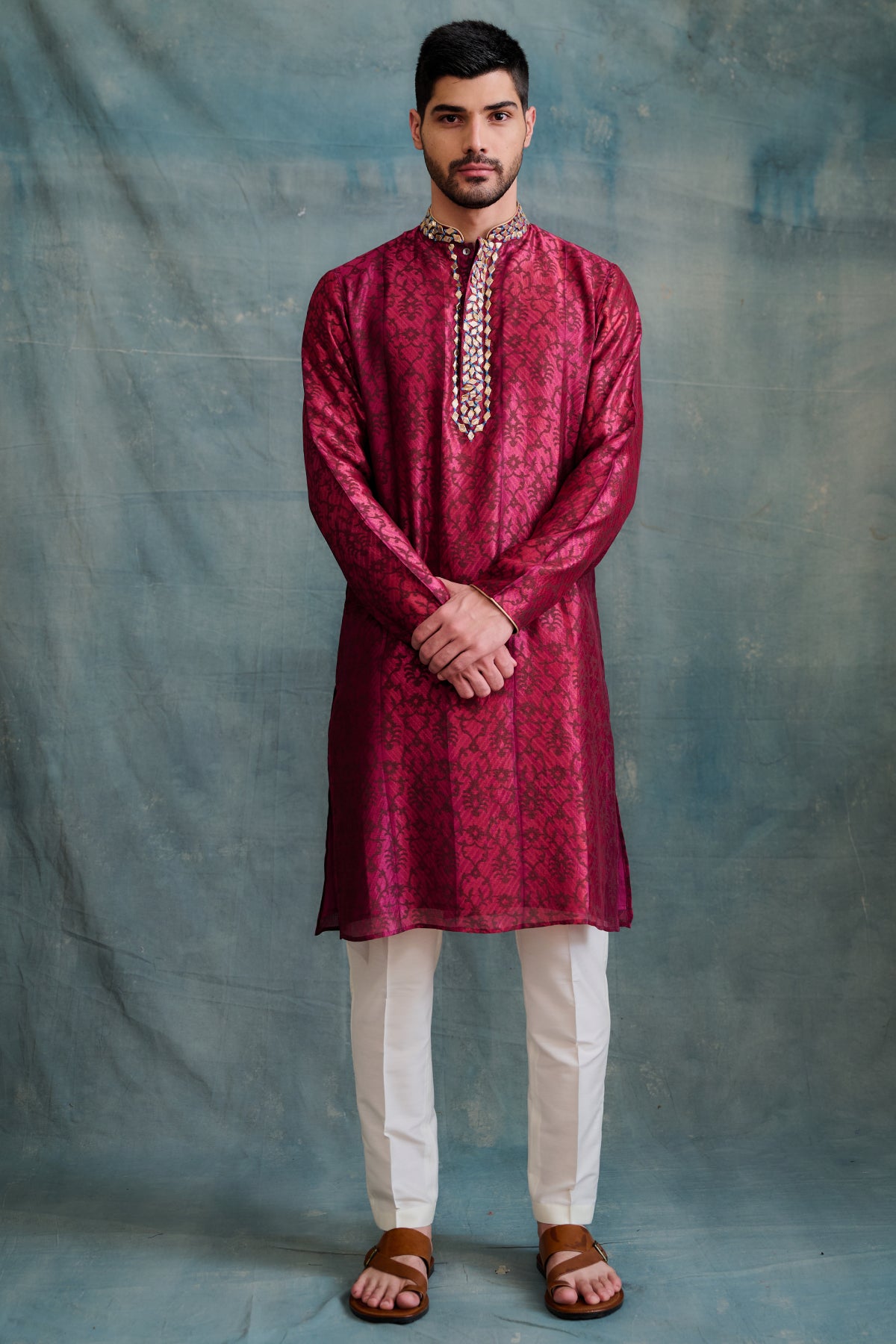 Magenta Tussar Block Printed & Hand Embroidered Kurta Set