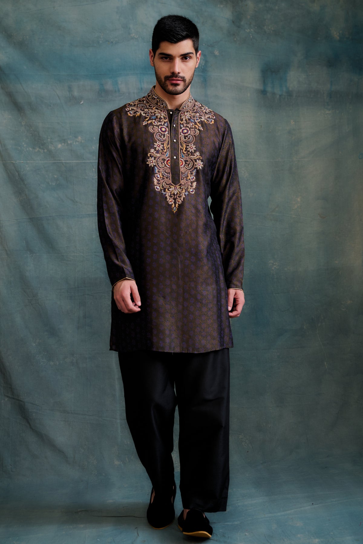 Brown Tussar Block Printed & Zardosi Embroidered Kurta Set