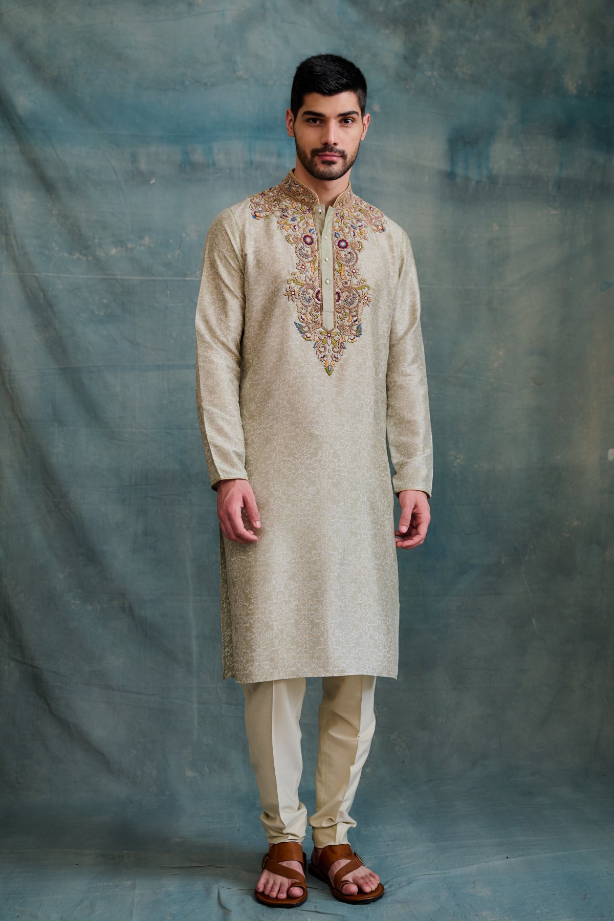 Light Green Tussar Block Printed & Zardosi Embroidered Kurta Set