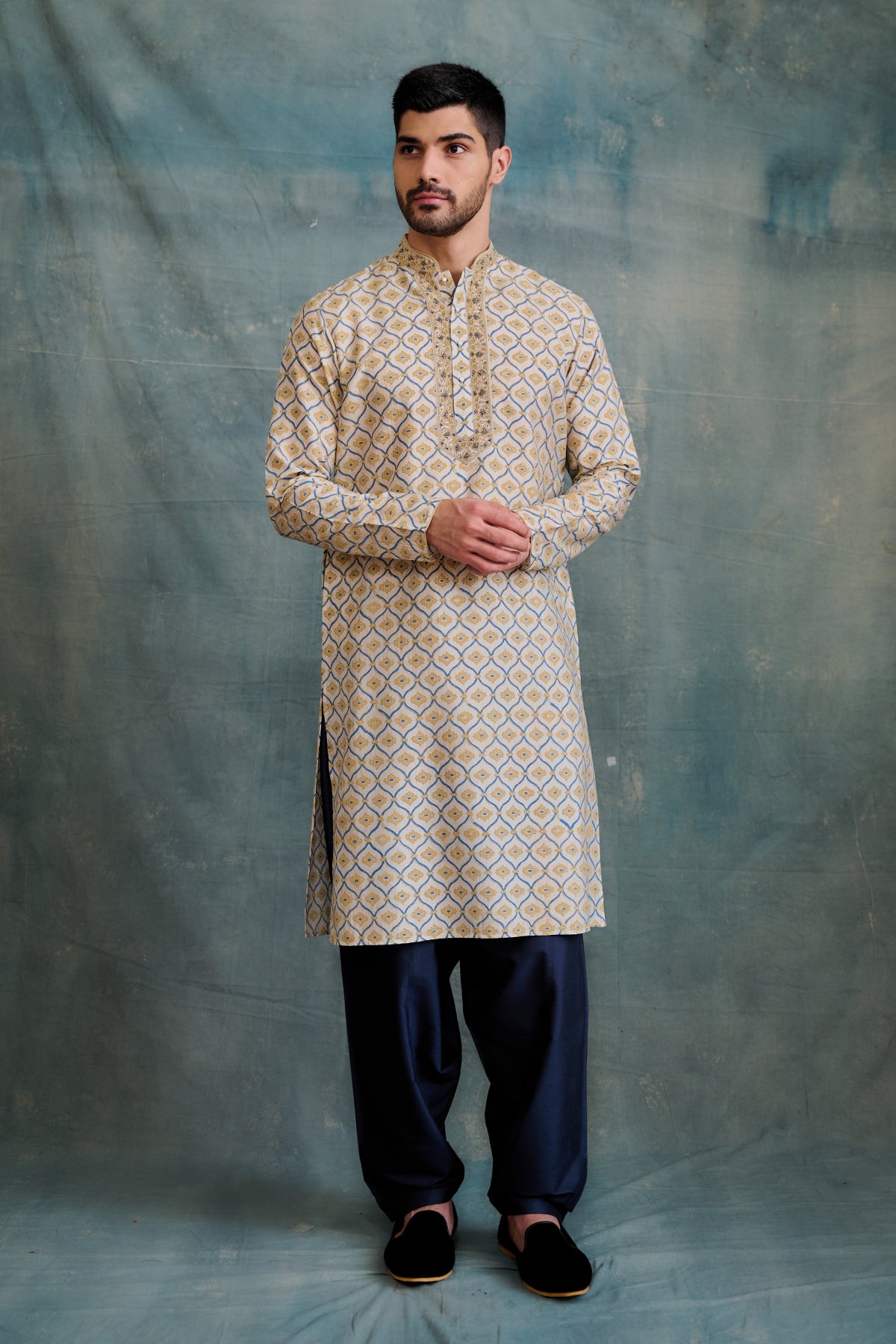 Gold Tussar Block Printed & Zardosi Embroidered Kurta Set