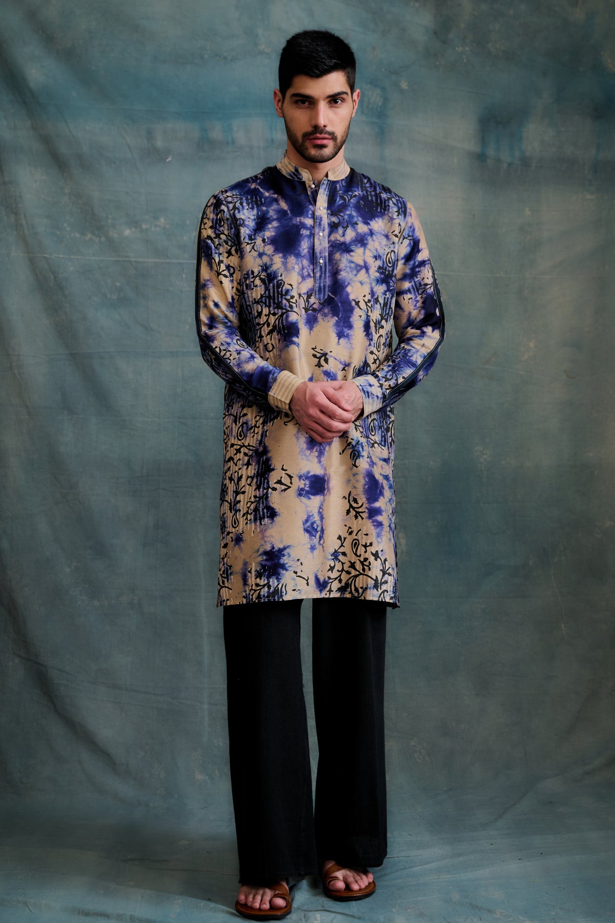 Beige & Blue Tie-Dye Tussar Floral Block Printed Kurta Set