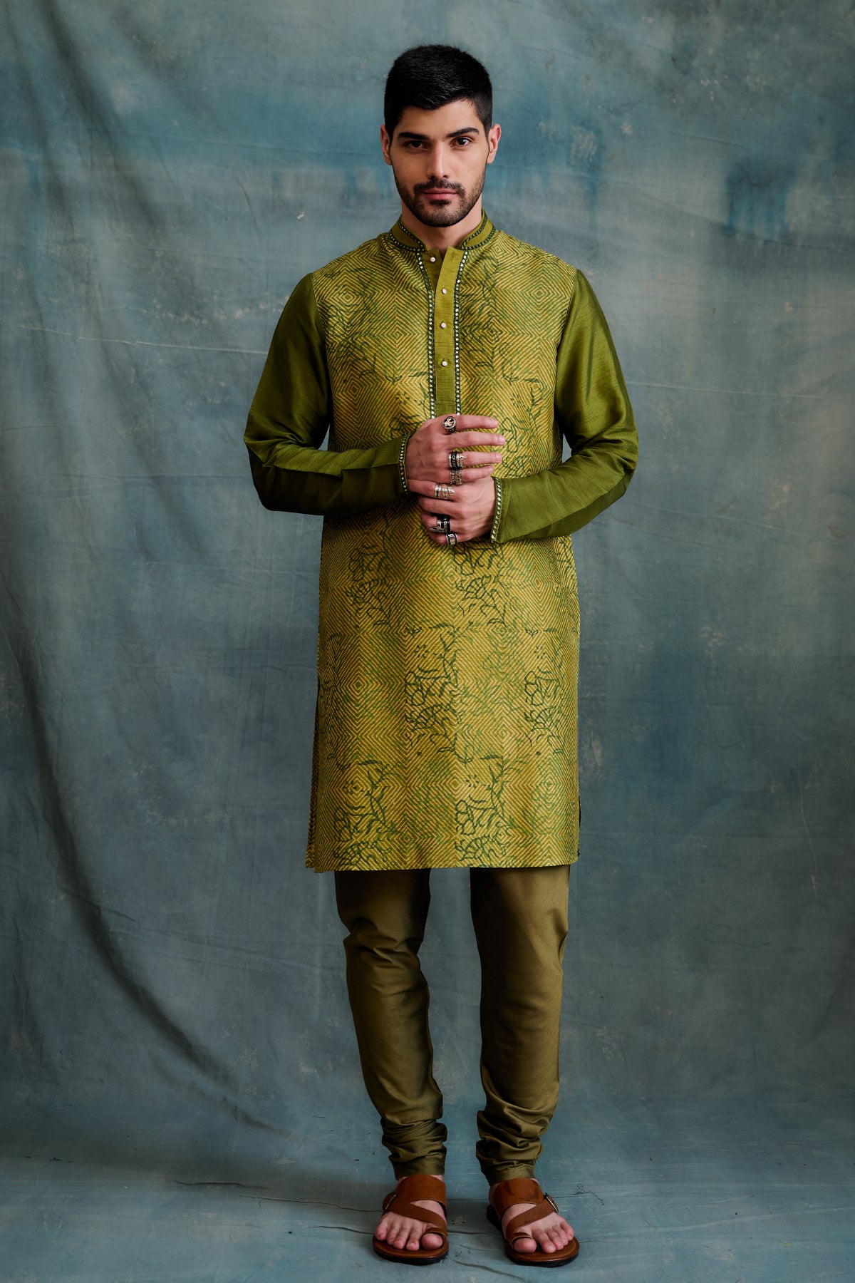 Olive Shaded Tussar Block Printed & Mirror Embroidered Kurta Set