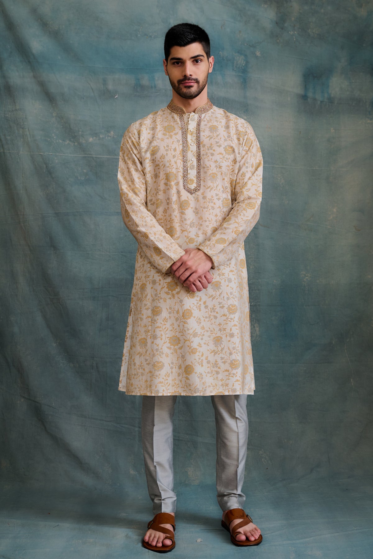 Gold Tussar Block Printed & Zardosi Embroidered Kurta Set