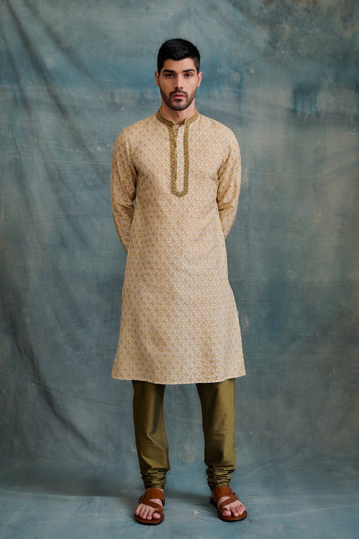 Beige Tussar Block Printed & Zardosi Embroidered Kurta Set