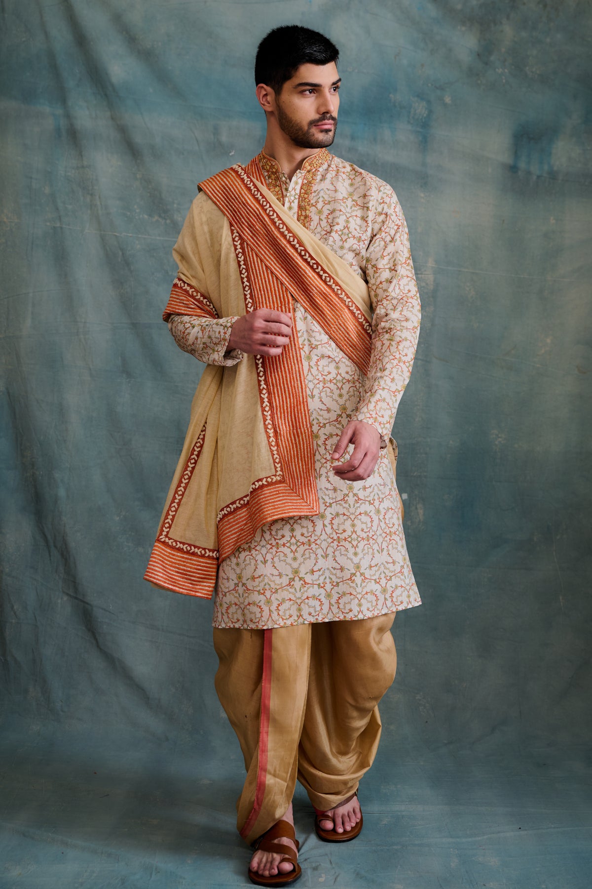 Beige Tussar Block Printed & Zardosi Embroidered Kurta Set
