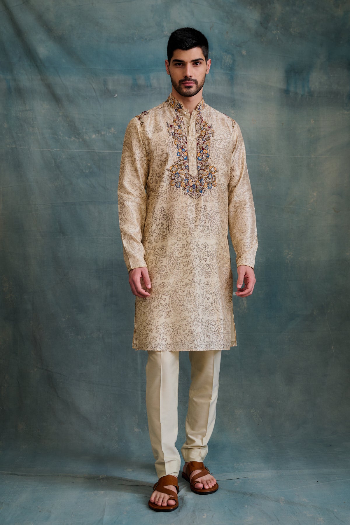 Beige Tussar Block Printed & Zardosi Embroidered Kurta Set
