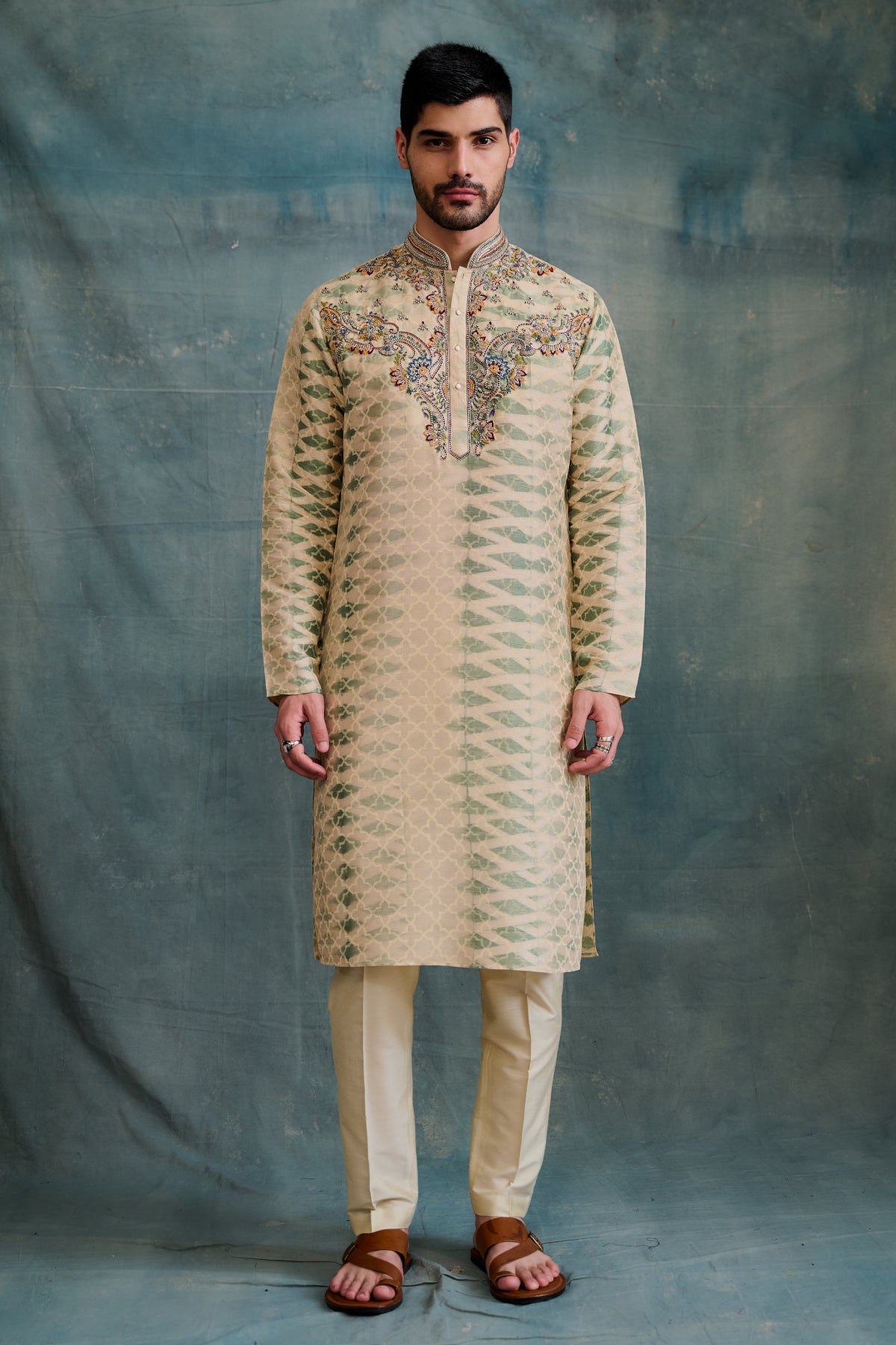 Beige Tie-Dye Tussar Block Printed & Zardosi Embroidered Kurta Set