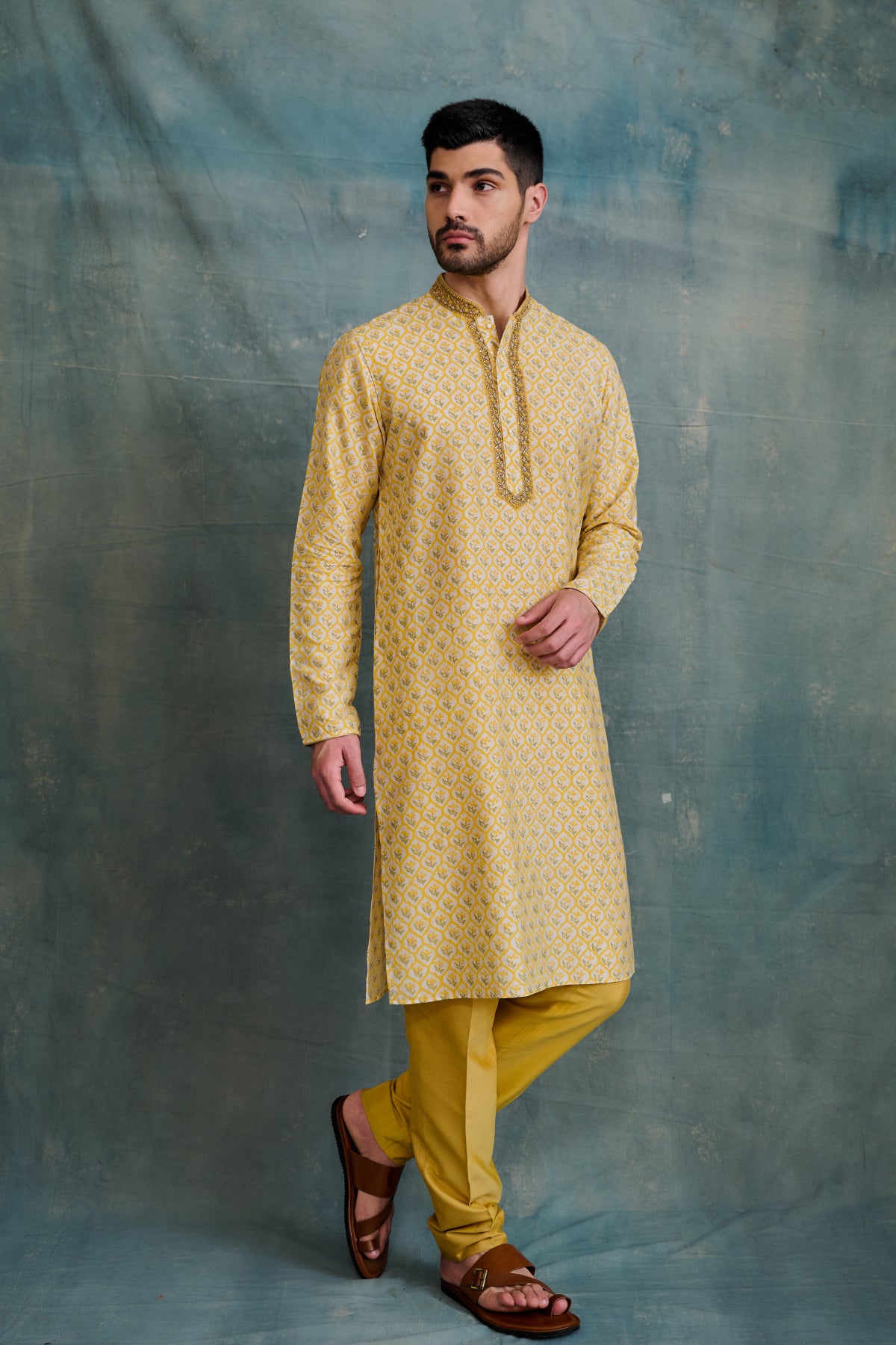 Yellow Tussar Block Printed & Zardosi Embroidered Kurta Set