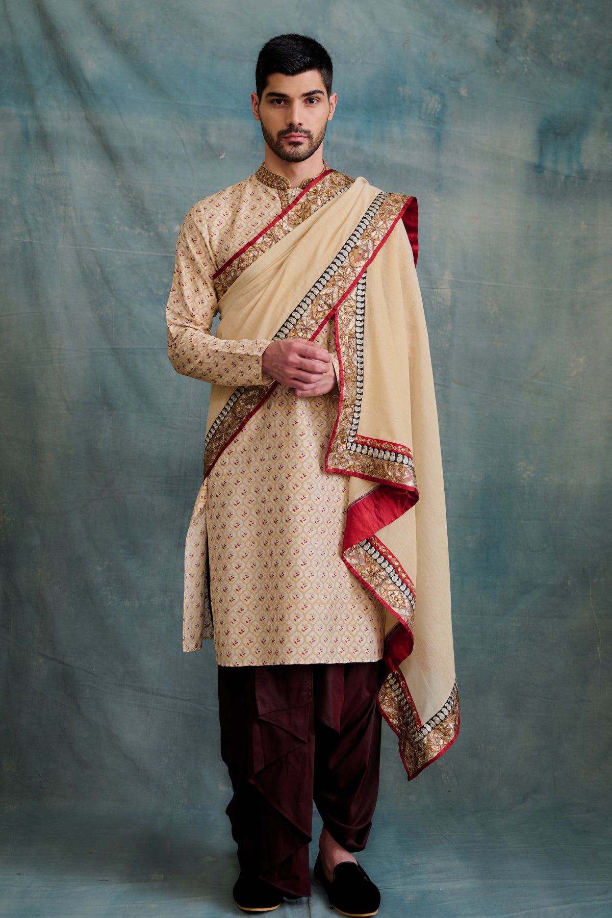 Maroon Tussar Block Printed & Zardosi Embroidered Kurta Set
