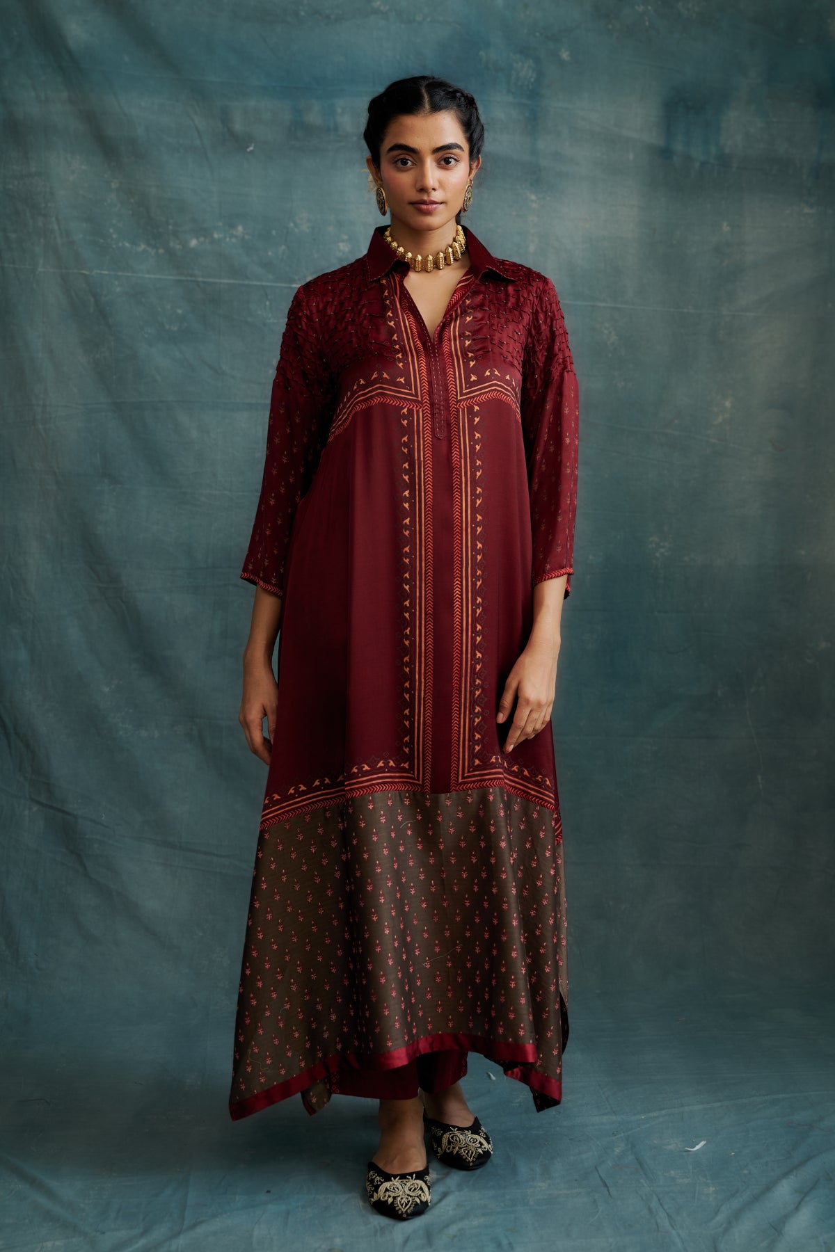 Maroon Modal Block Printed & Embroidered Tunic