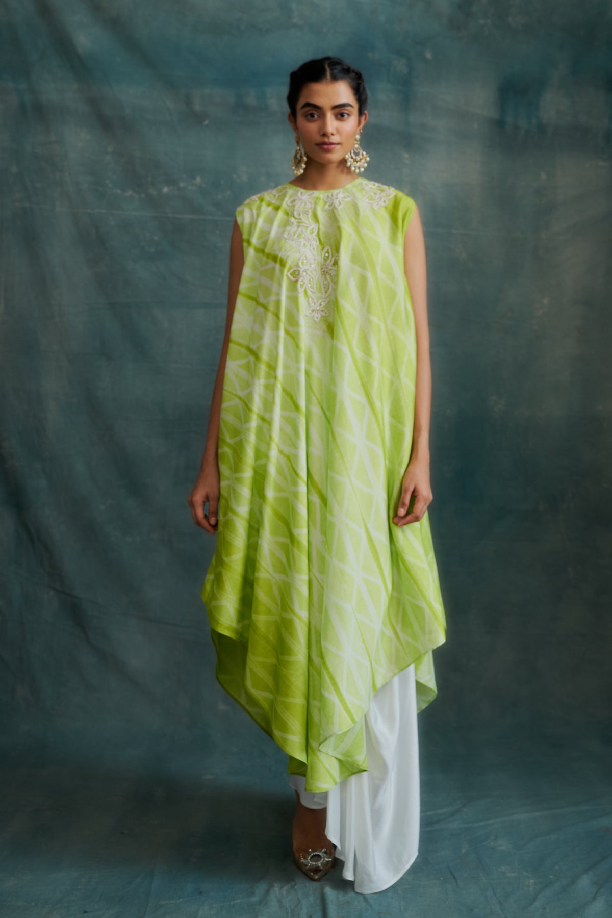 Lime Green Tussar Hand Embroidered & Tie-Dyed Draped Tunic