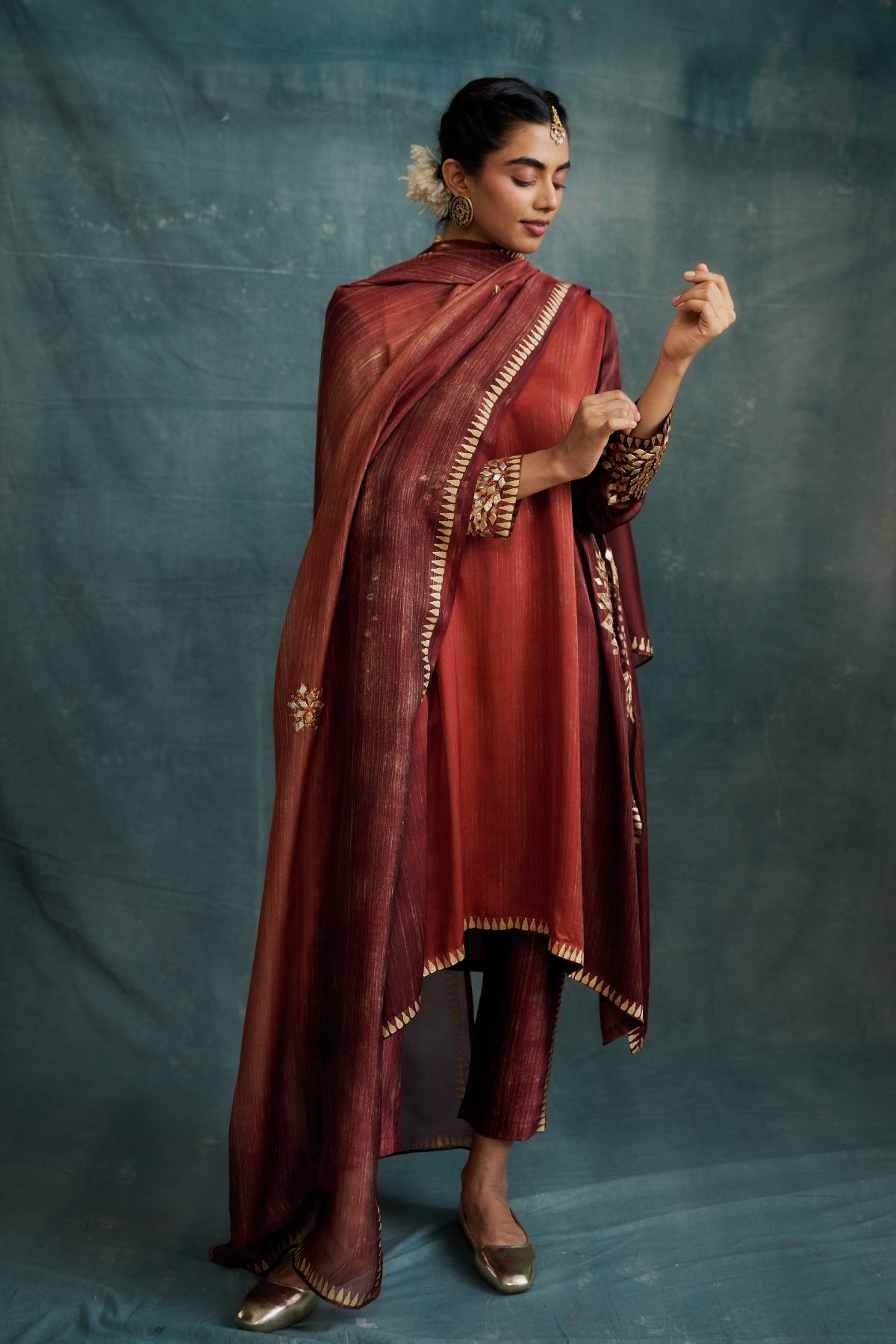 Orange-Red Modal Gota Embroidered & Block Printed Tunic Set