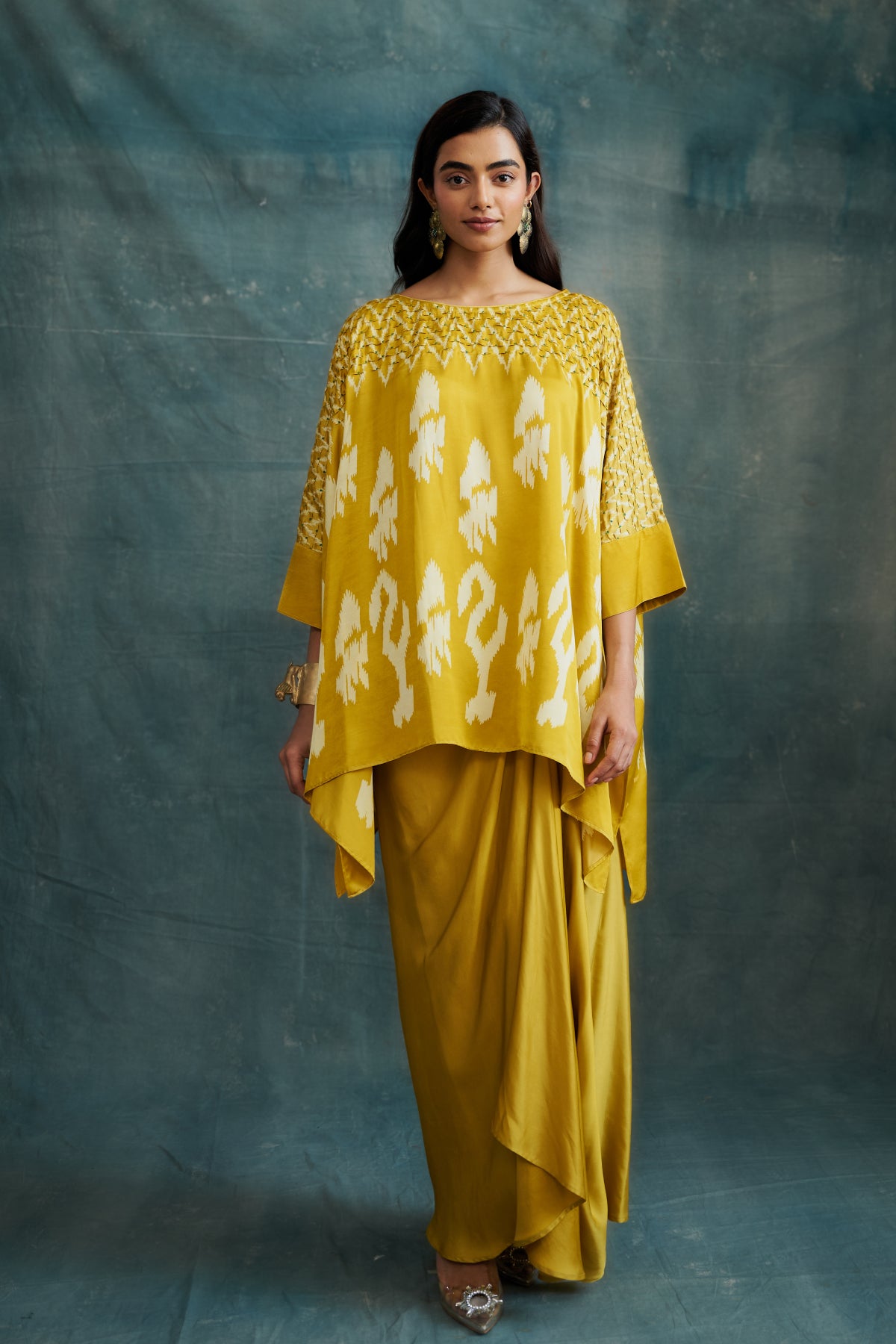Mustard Modal Bandhej Embroidered & Block Printed Kaftan Tunic