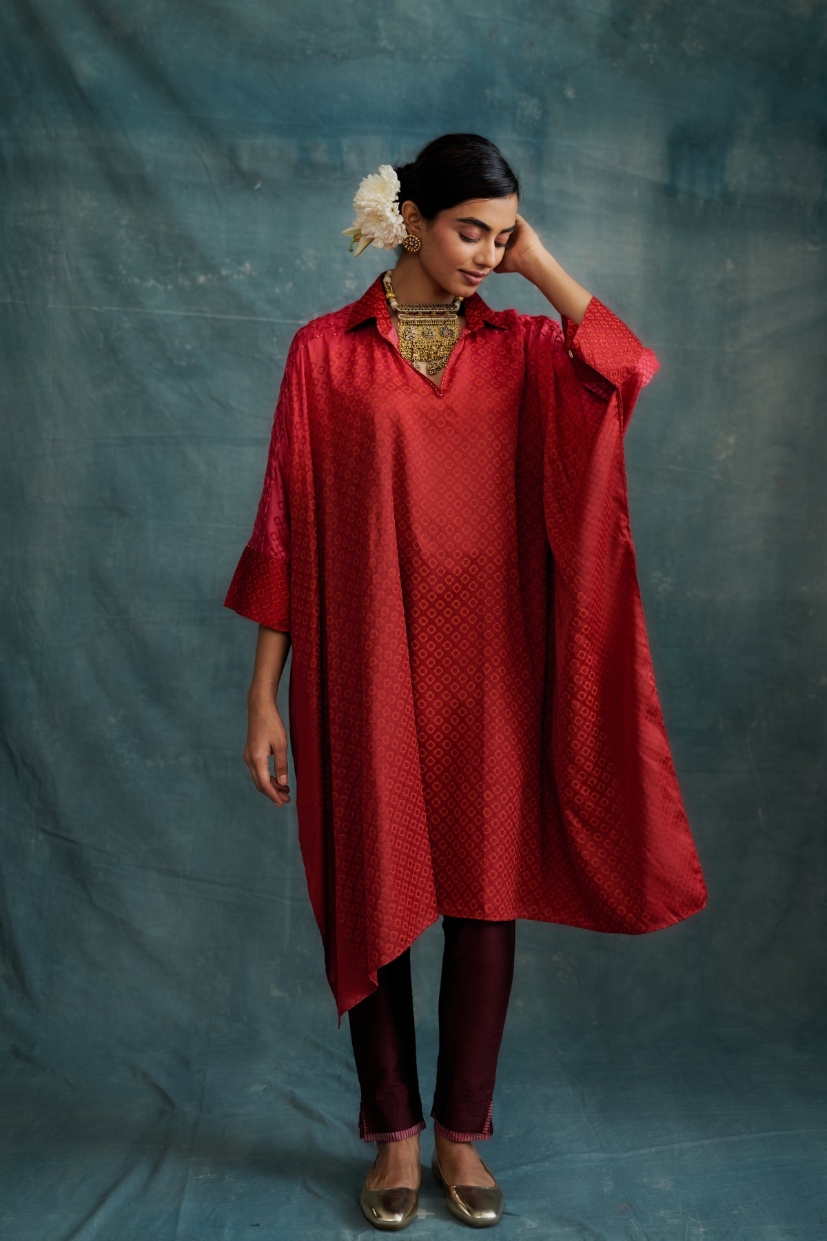 Red Modal Block Printed & Embroidered Kaftan Draped Tunic