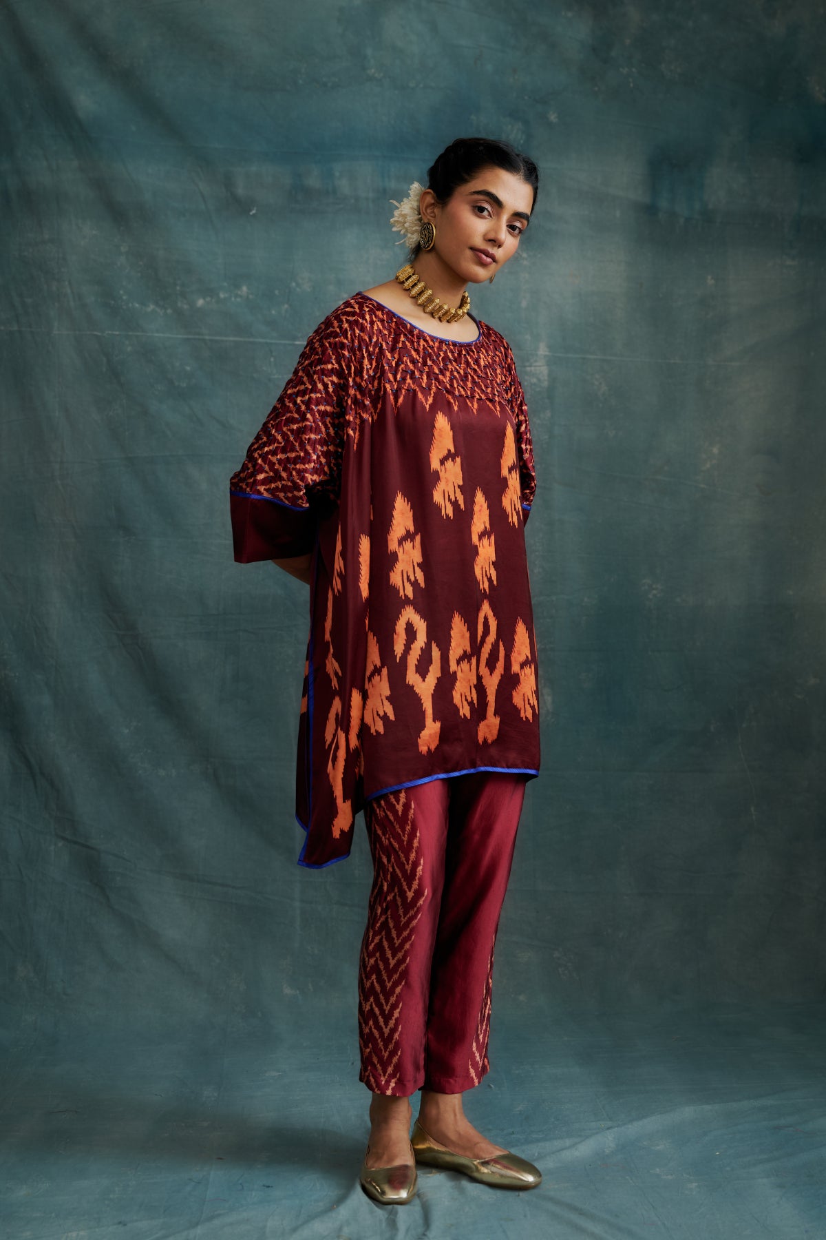 Maroon Modal Bandhej Embroidered & Block Printed Kaftan Tunic