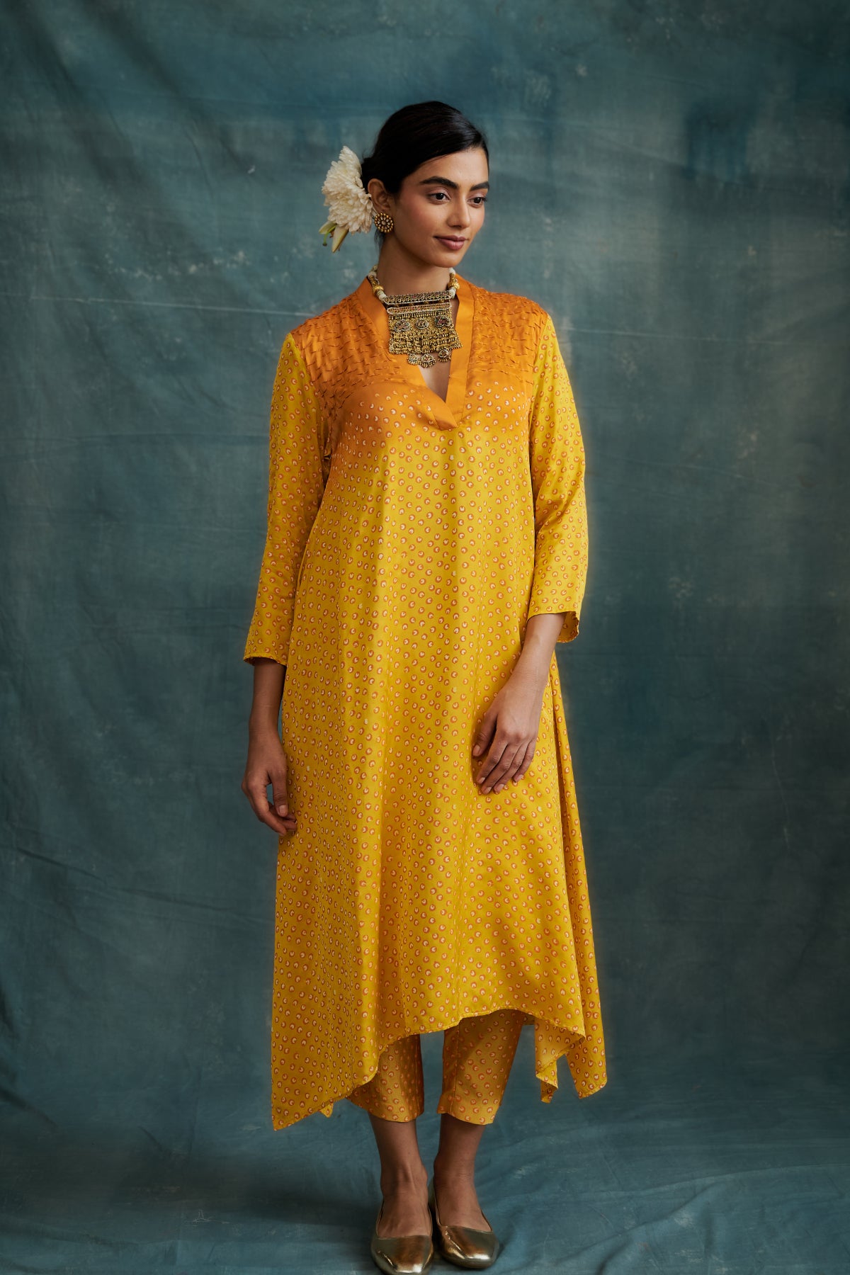 Orange-Yellow Modal Block Printed Overlap Tunic Set