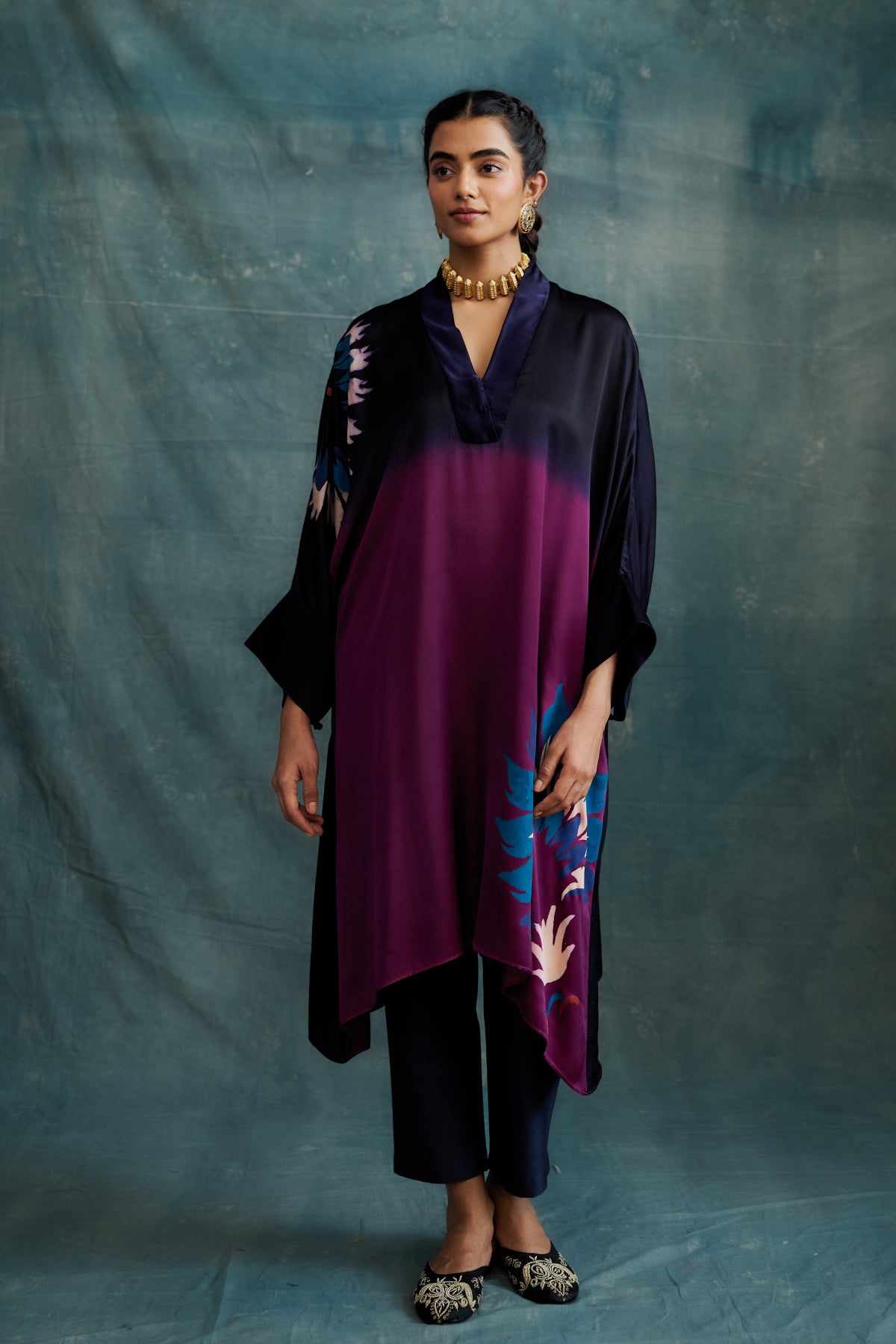 Indigo & Magenta Modal Hand Block Printed Kaftan Tunic