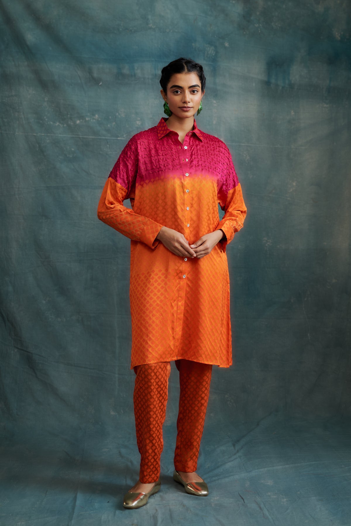Fuchsia & Orange Modal Block Printed Shirt Tunic Set