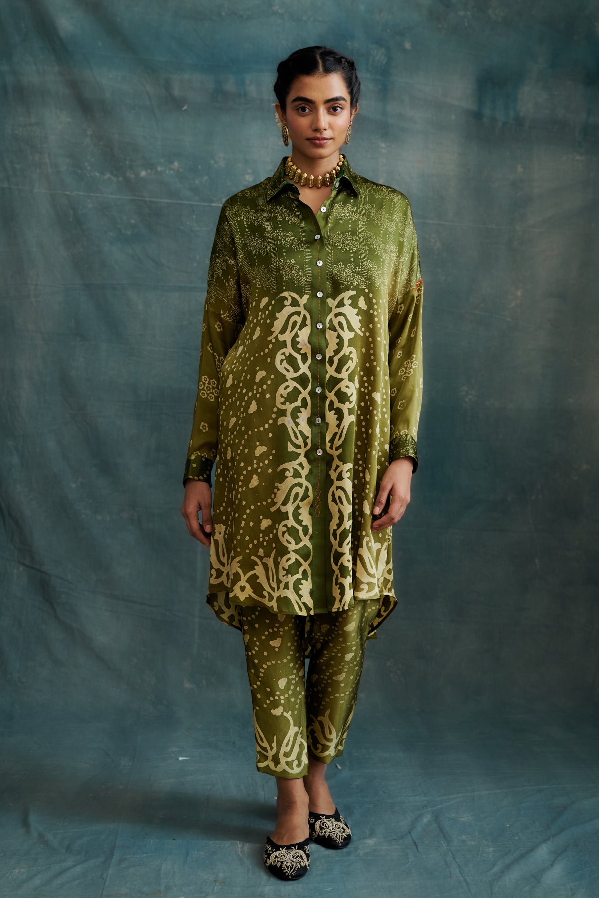 Olive Modal Hand Block Printed Shirt Tunic Set