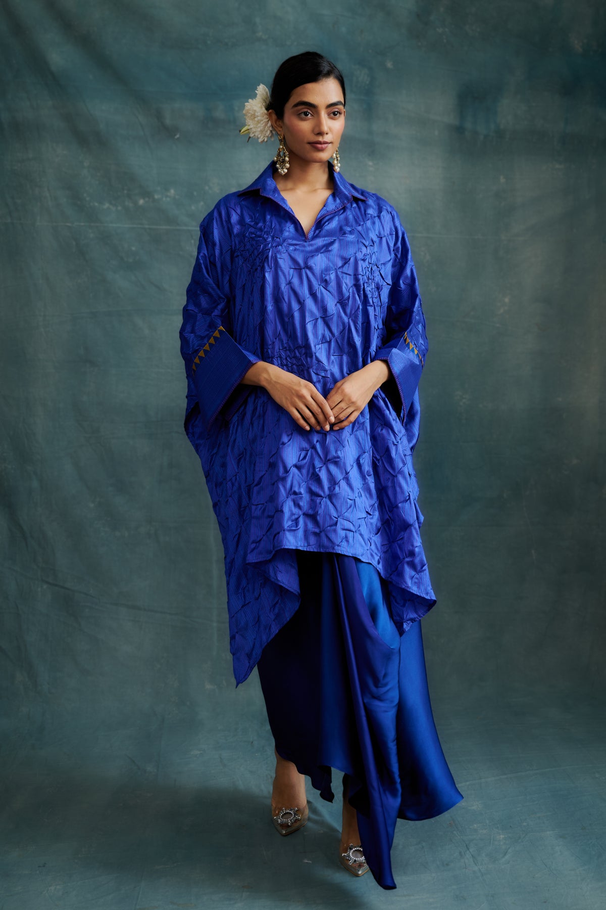 Blue Modal Bandhej Embroidered Kaftan Tunic
