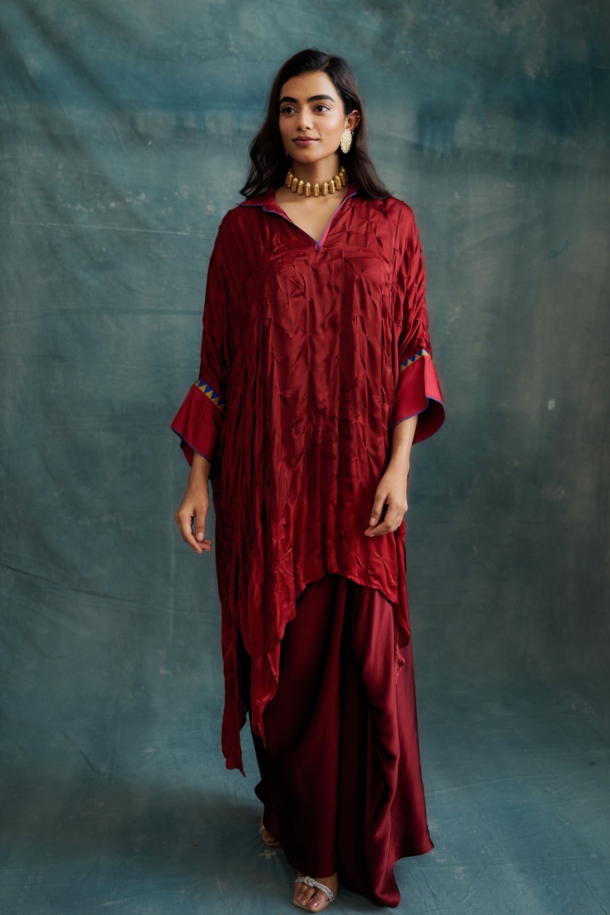 Red Modal Bandhej Embroidered Kaftan Tunic