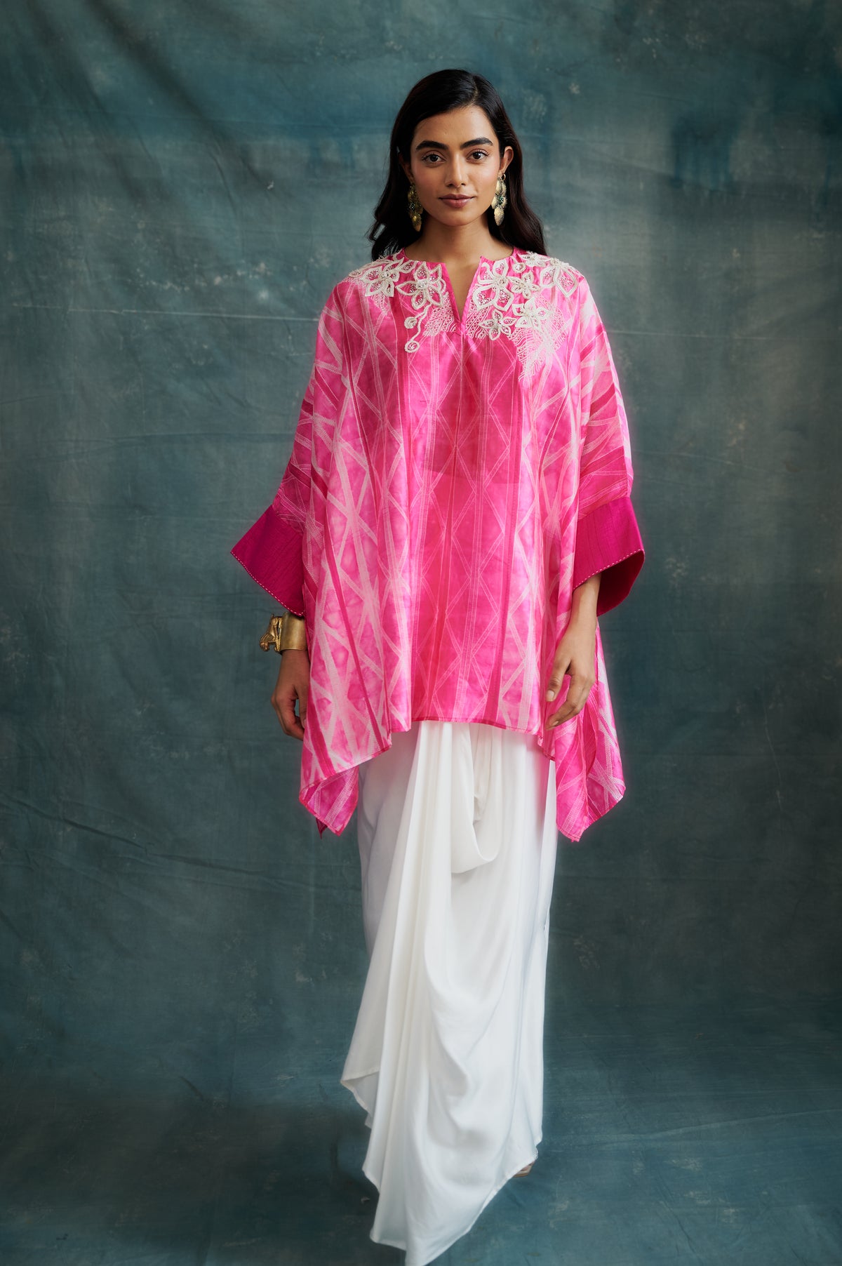 Hot Pink Tussar Hand Embroidered & Tie-Dyed Kaftan Tunic