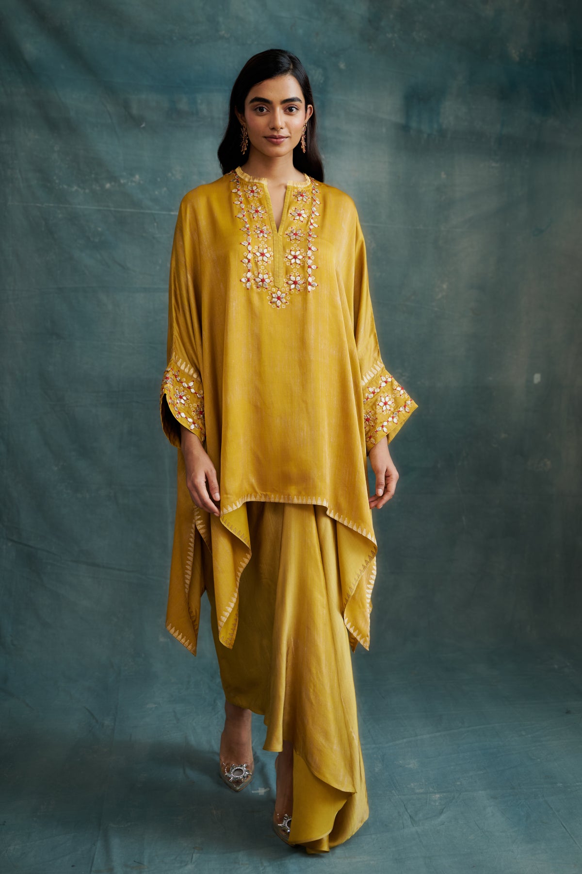 Mustard Modal Gota Embroidered & Block Printed Kaftan Tunic
