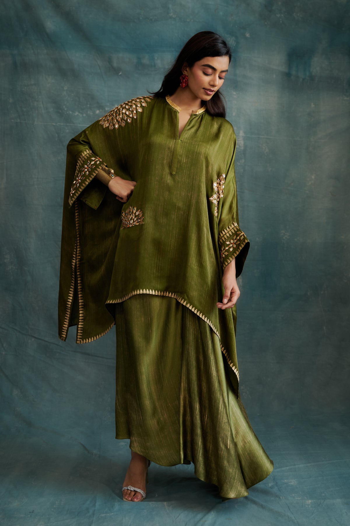 Olive Modal Gota Embroidered & Block Printed Kaftan Tunic