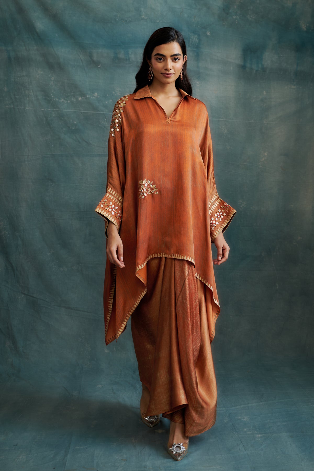 Rust gold brushed draped asymmetric long skirt