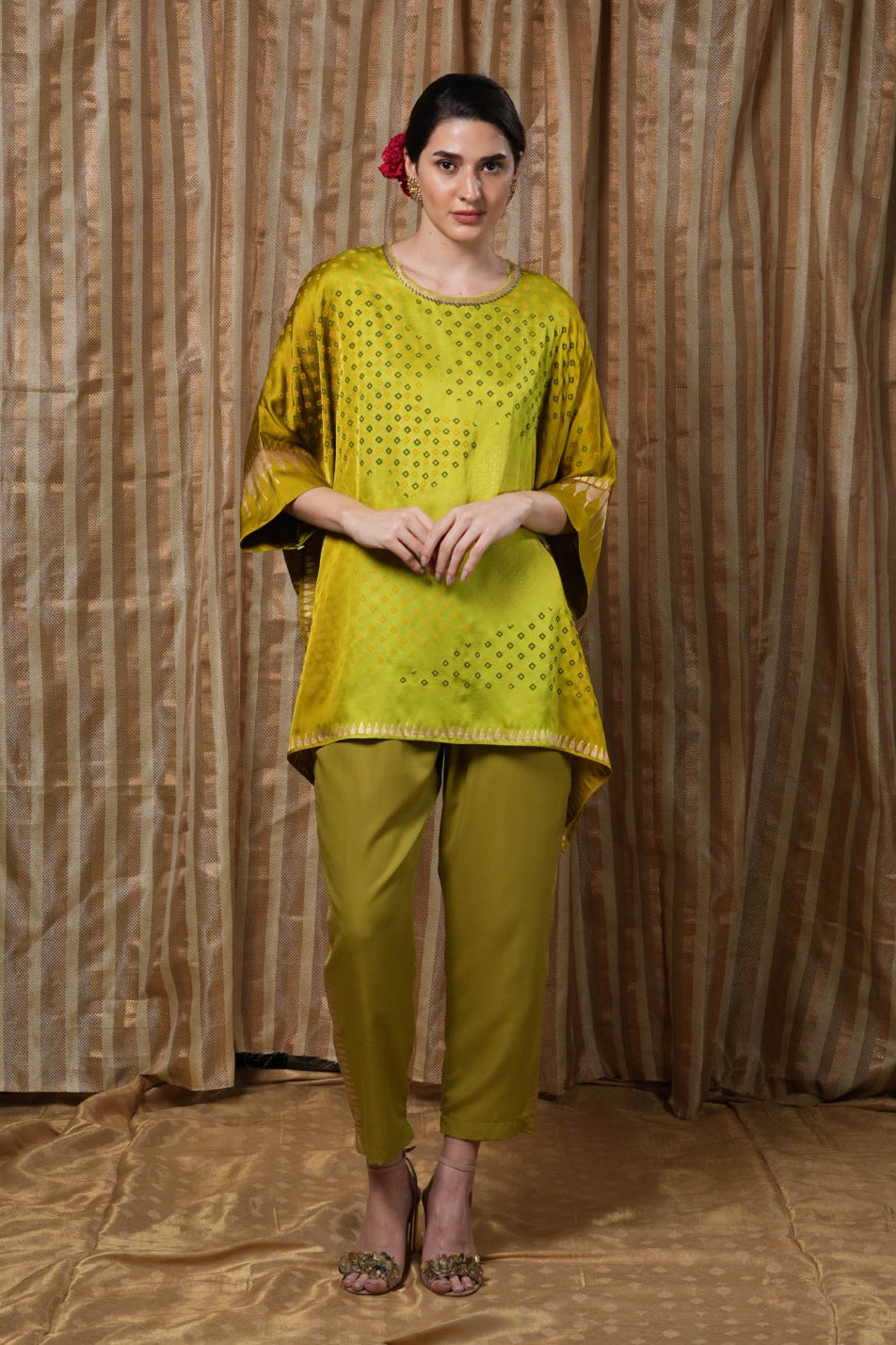 Vibrant lime yellow block-printed kaftan