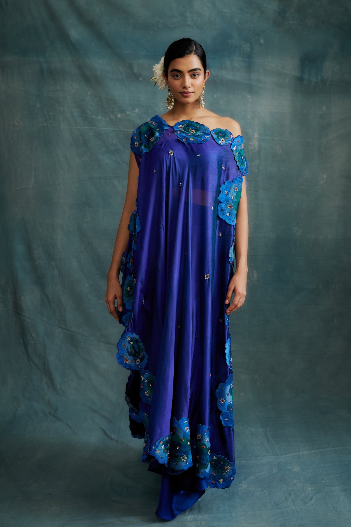 Blue Embroidered Set Paired with Bustier & Draped Skirt