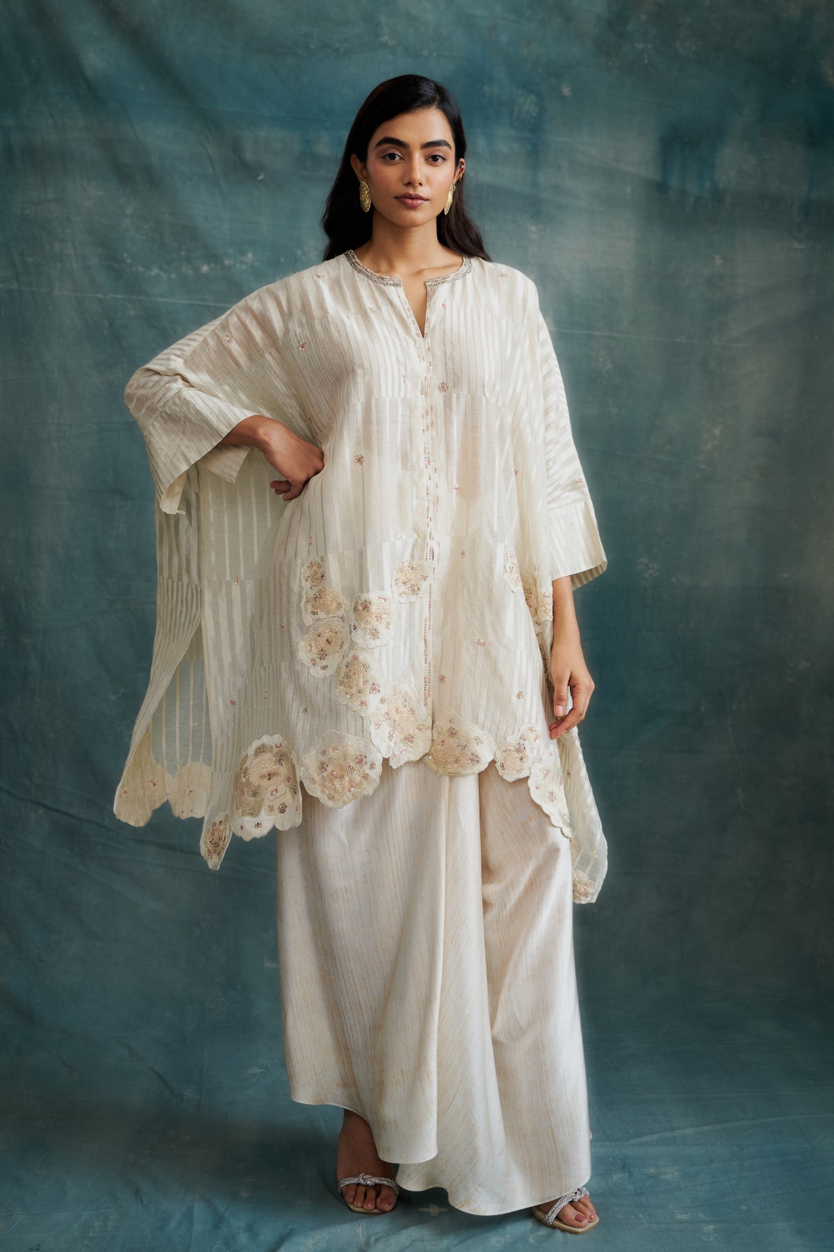 Ecru Embroidered Set Paired with Bustier & Draped Skirt