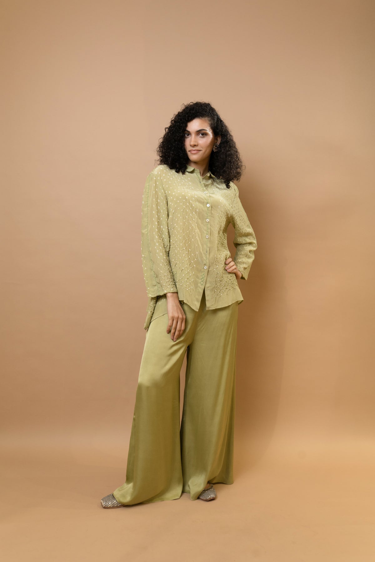 Green Silk Bandhej Co-Ord Set