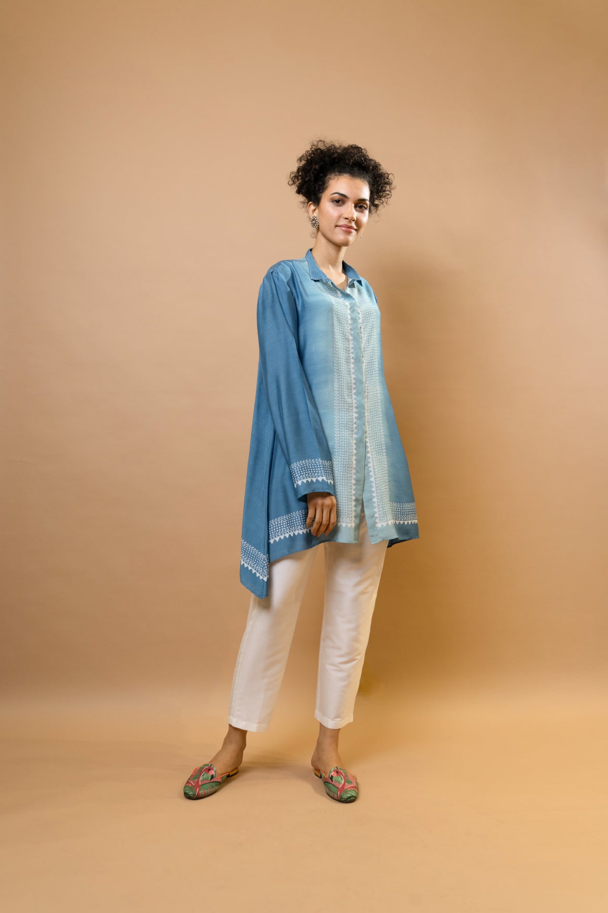 Indigo stylish ombre block-printed asymmetric shirt