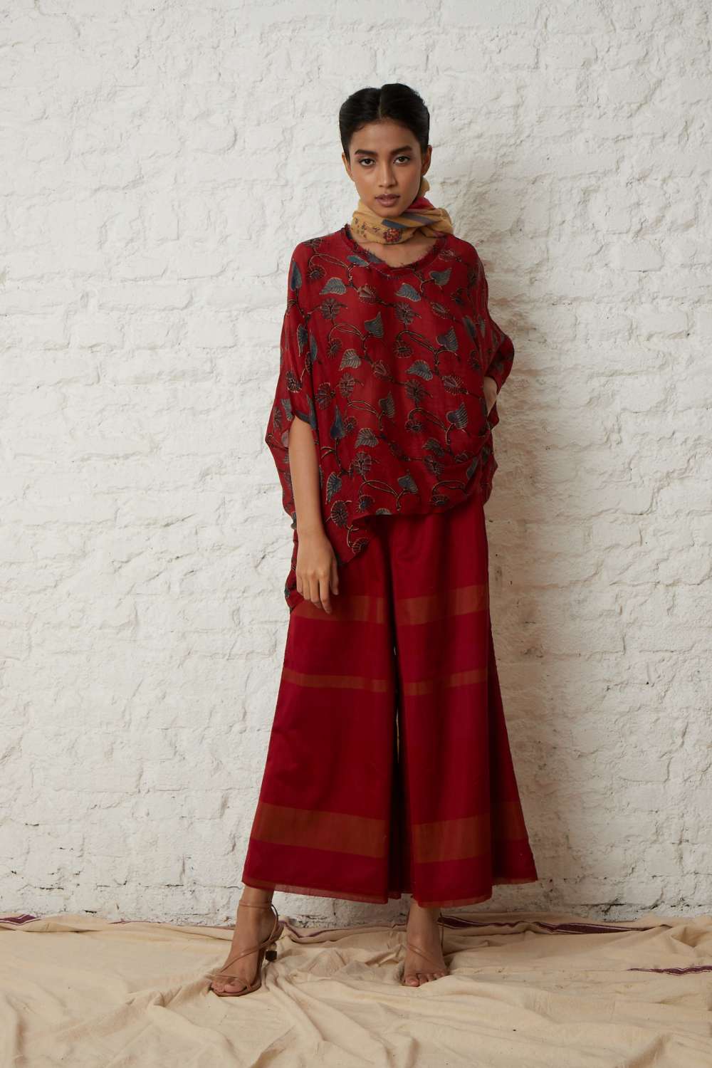 Red Chanderi Wide Leg Pants