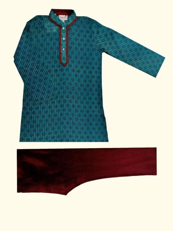 Turquoise Block Printed Kurta Set