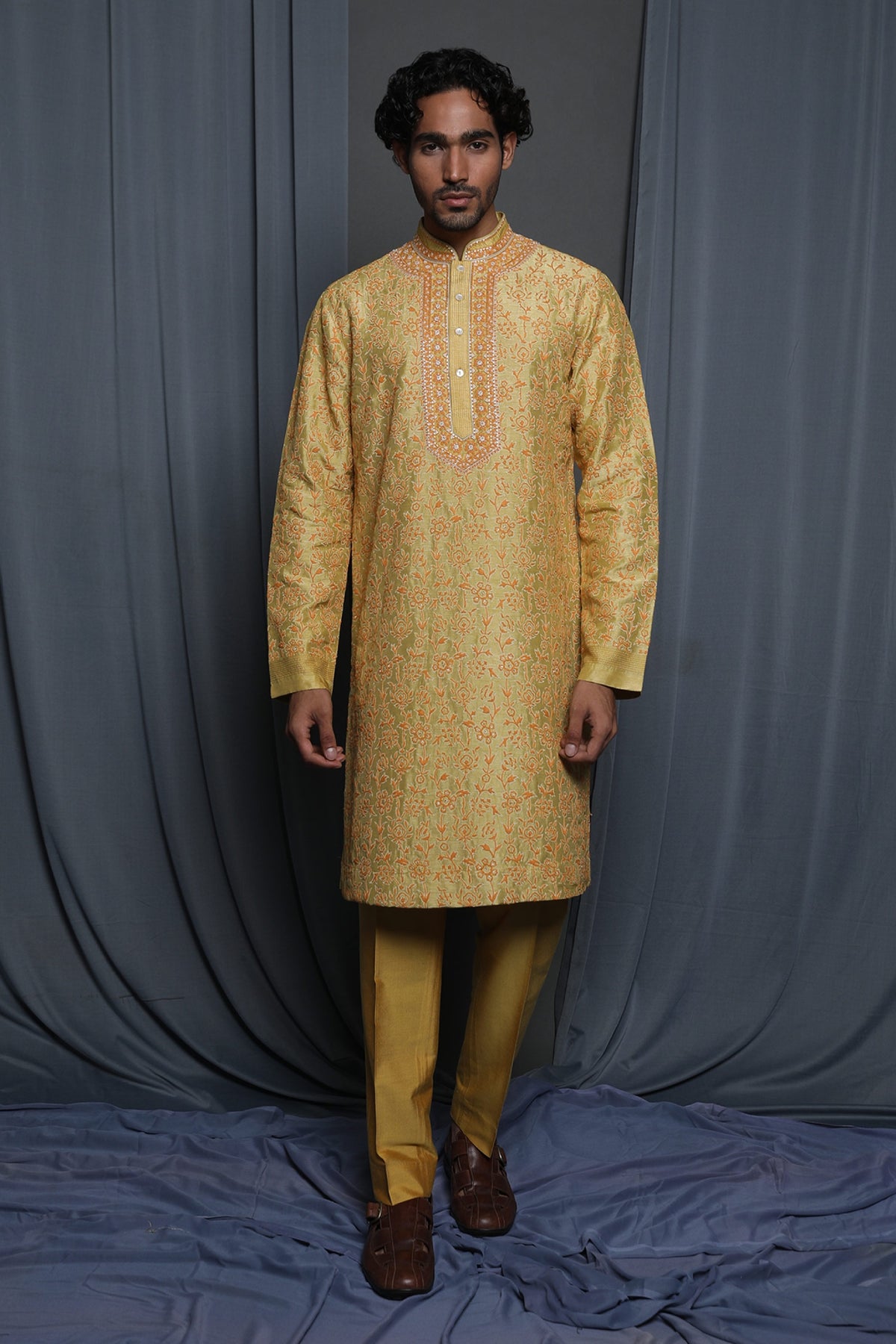 Mustard all over embroidered kurta