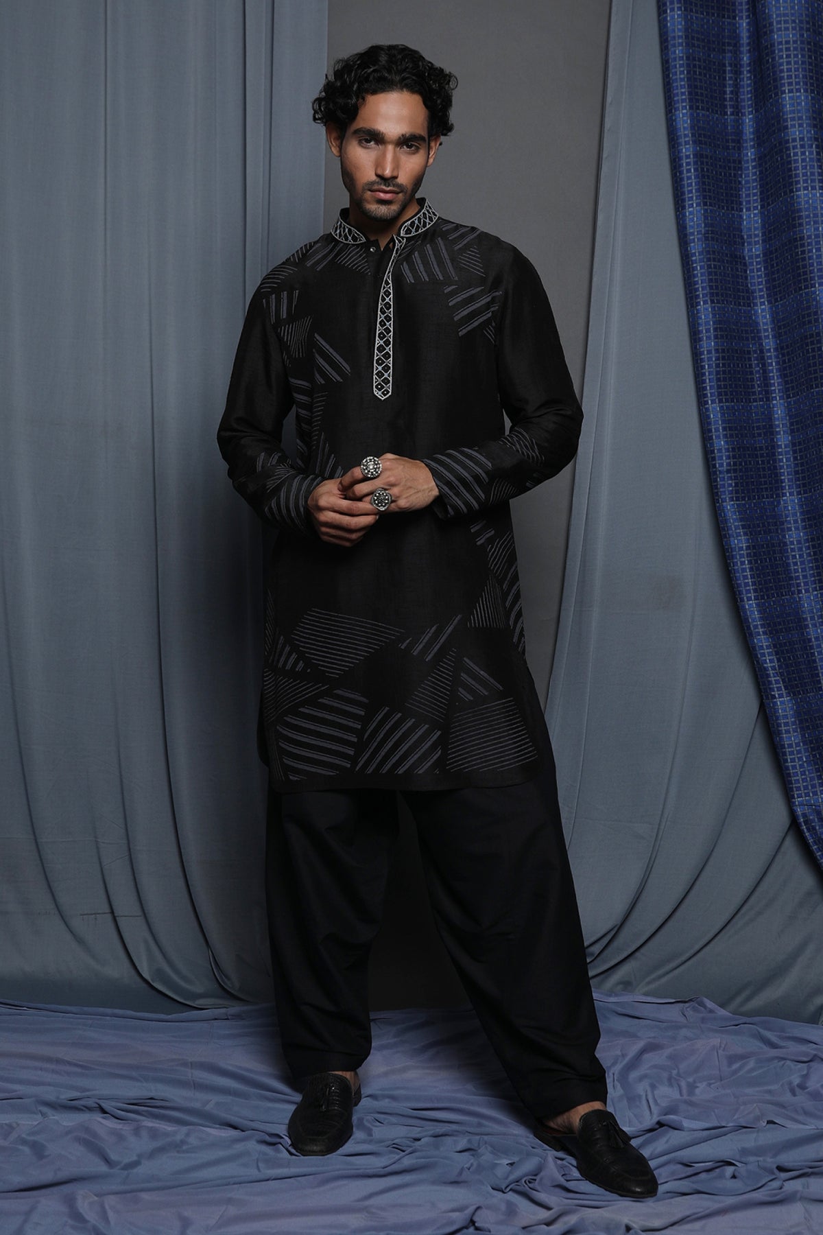 Black Tussar Zardosi Hand Embroidered & Printed Kurta
