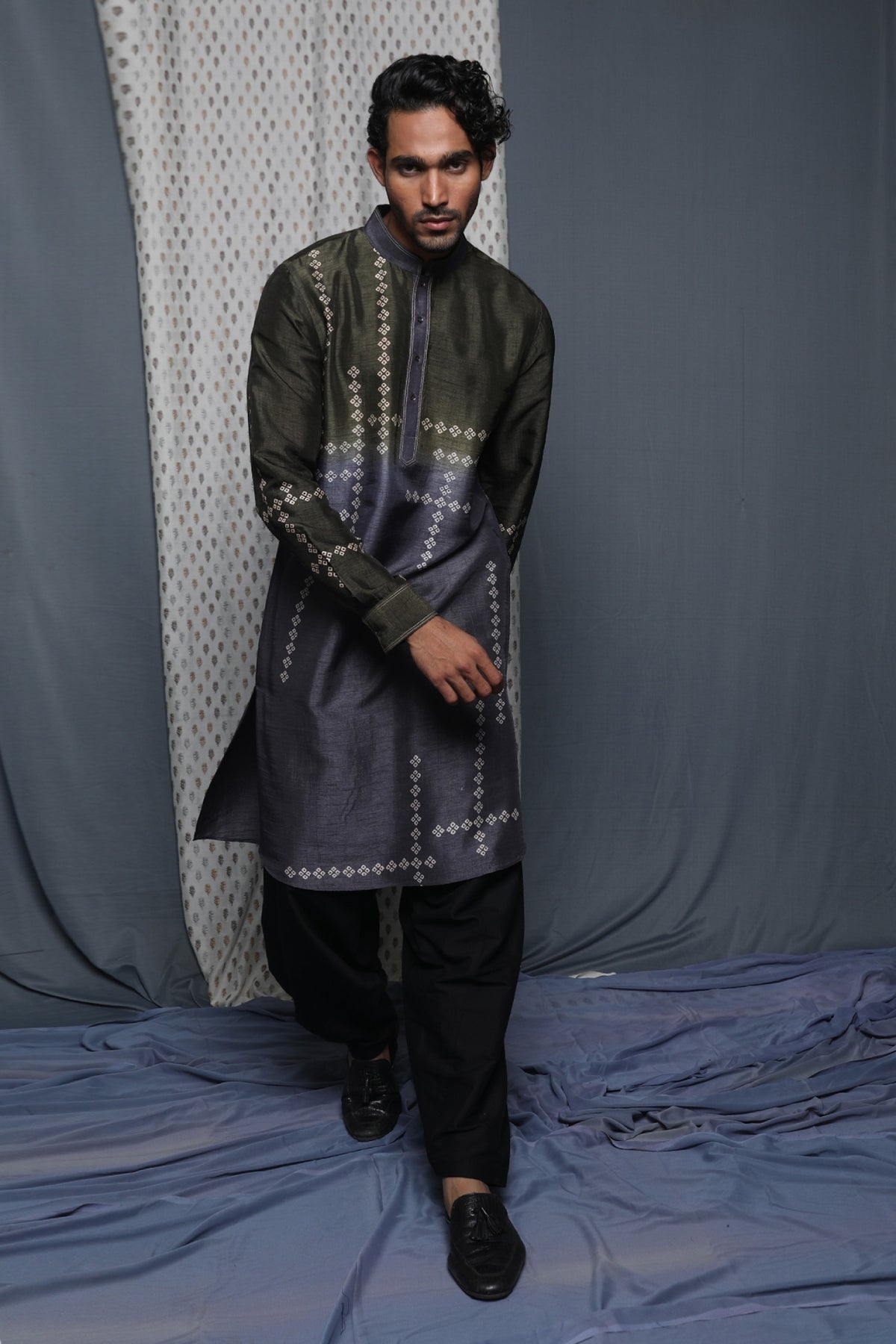 Olive Grey Tussar Printed Kurta