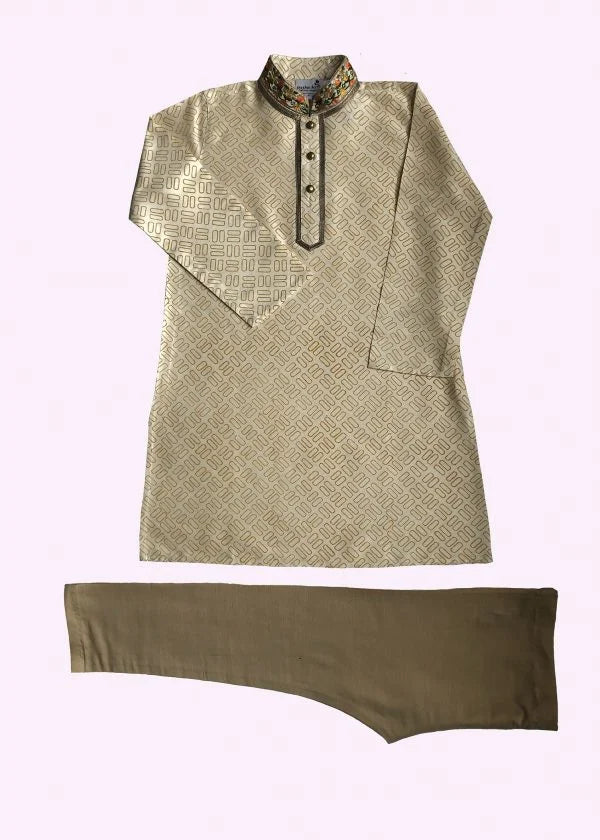 Crème Block Printed Embroidered Kurta
