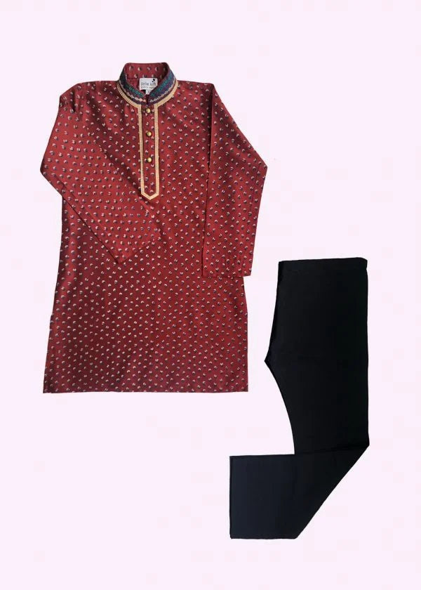 Block Printed Maroon Embroidered Kurta