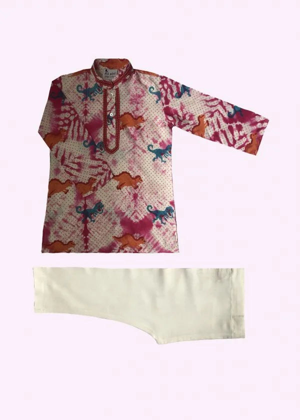 Tie-Dye Block Printed Kurta : Dinosaur