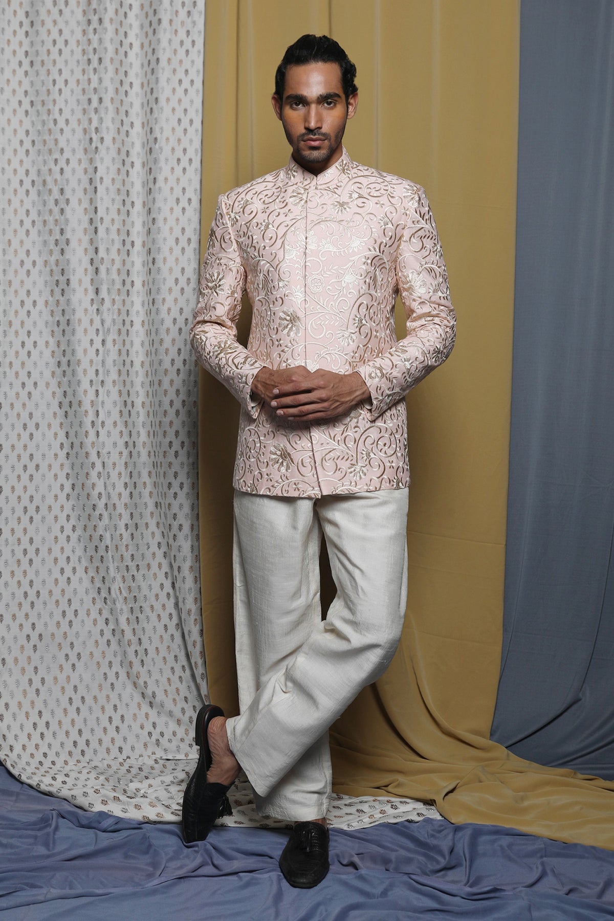 Peach Cotton Embroidered Bandhgala