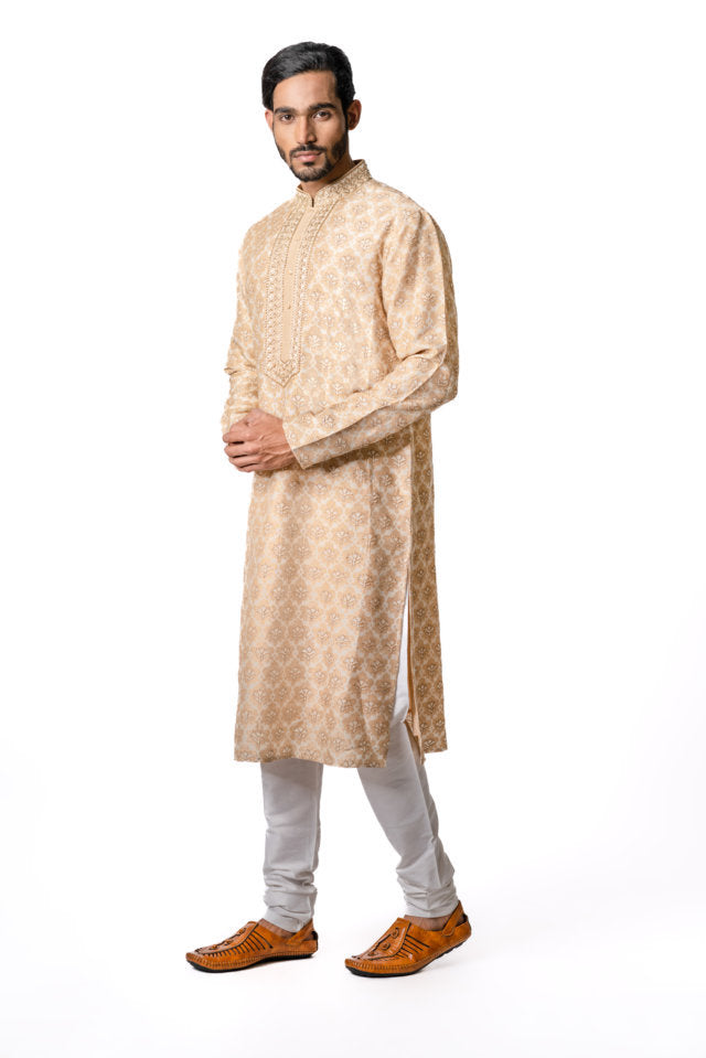 Peach Tussar Printed & Embroidered Kurta Set